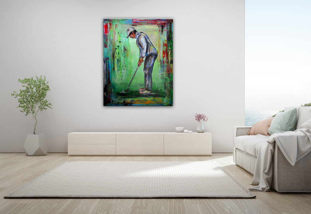 Golfspieler gemalt beim Putten - Golf Malerei 100x80 cm
