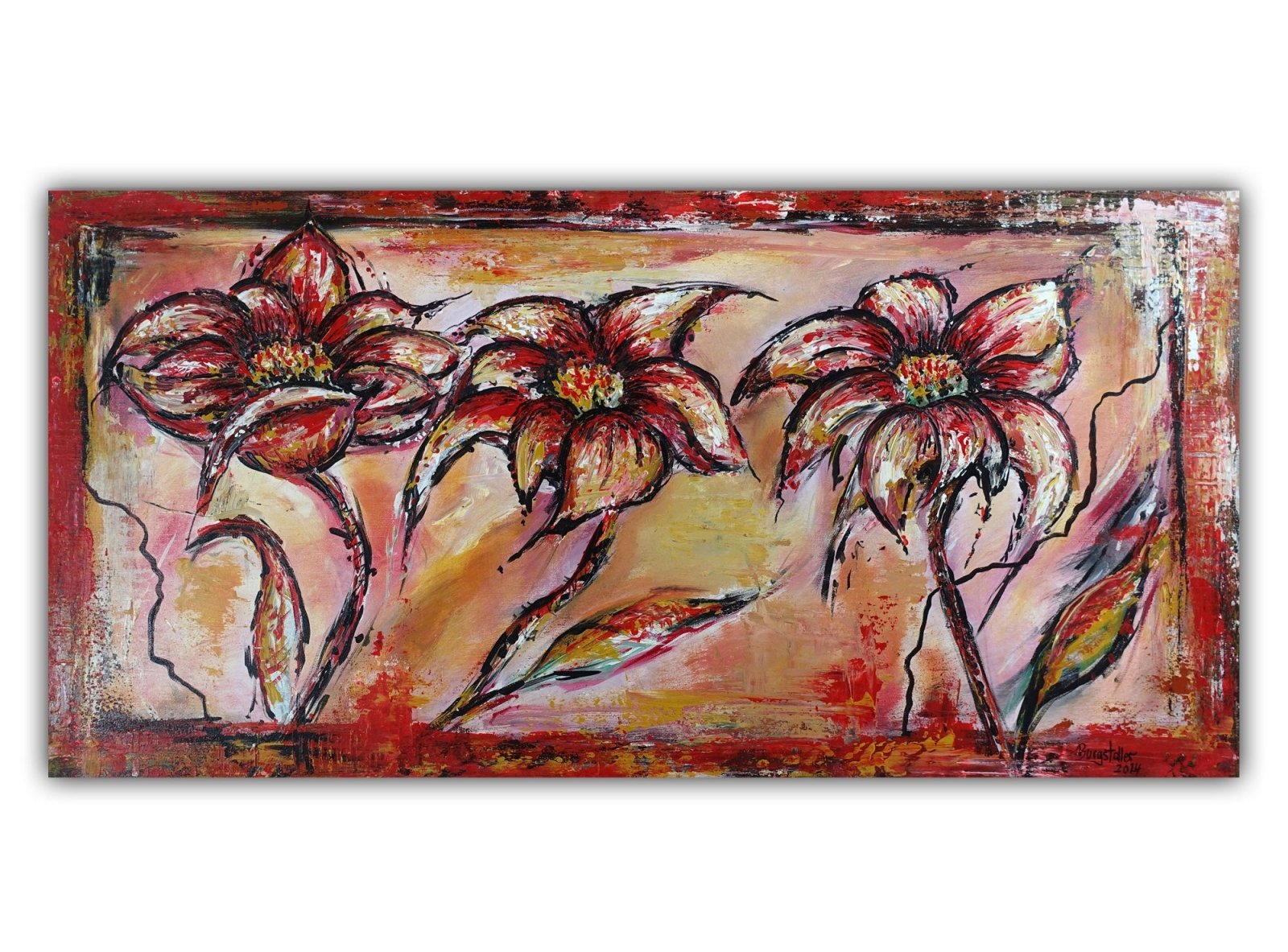 3 Blumenblüten Blumenmalerei abstrakt Blumen Bild Gemälde 50x100