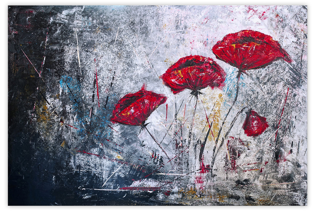 4 Mohnblumen Blumen Malerei abstrakt Blütenbild rot grau modern gemalt 120x80