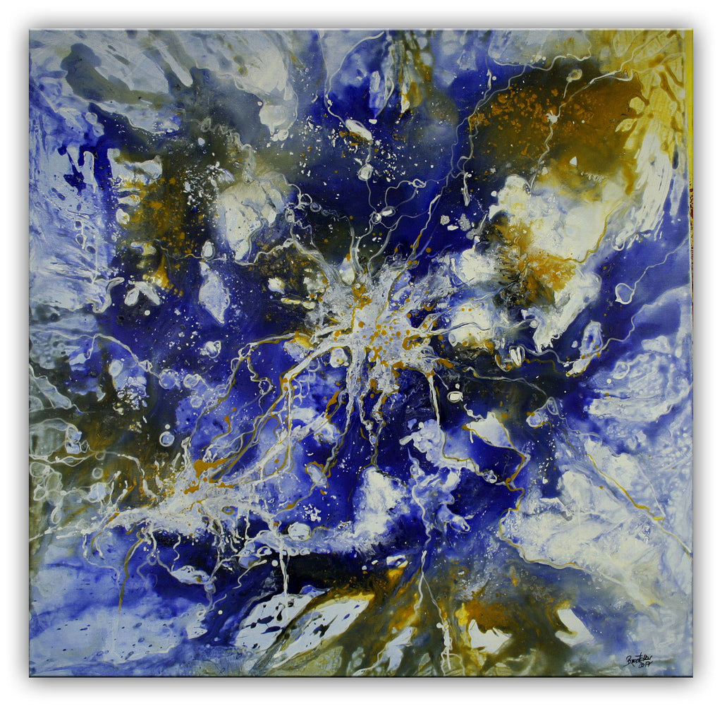 Vernetzt - Abstrakte Kunst blau ocker, Original Gemälde 100x100cm