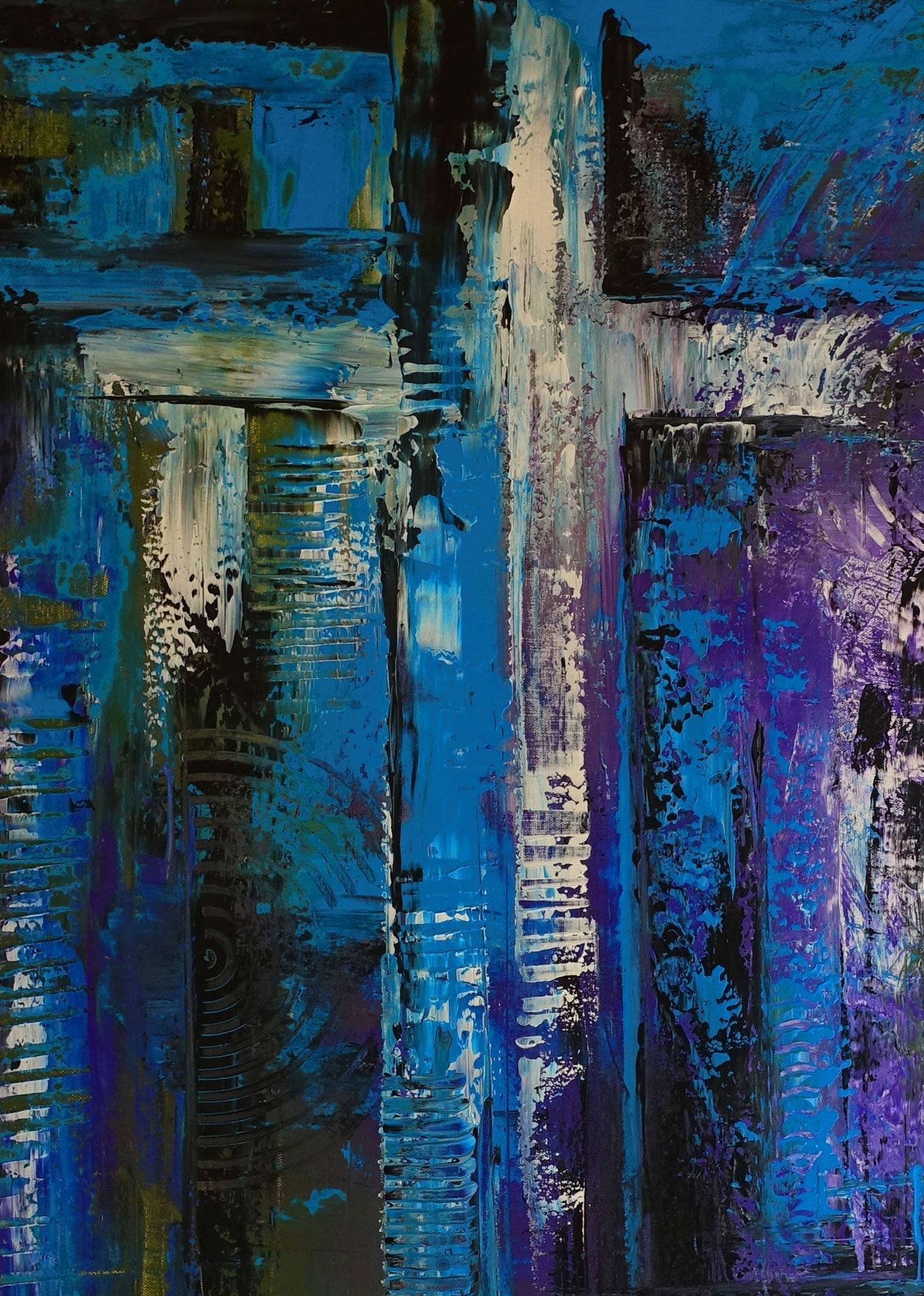 Abstraktes Kreuz blau türkis lila Acrylbild Strukturbild Detail1