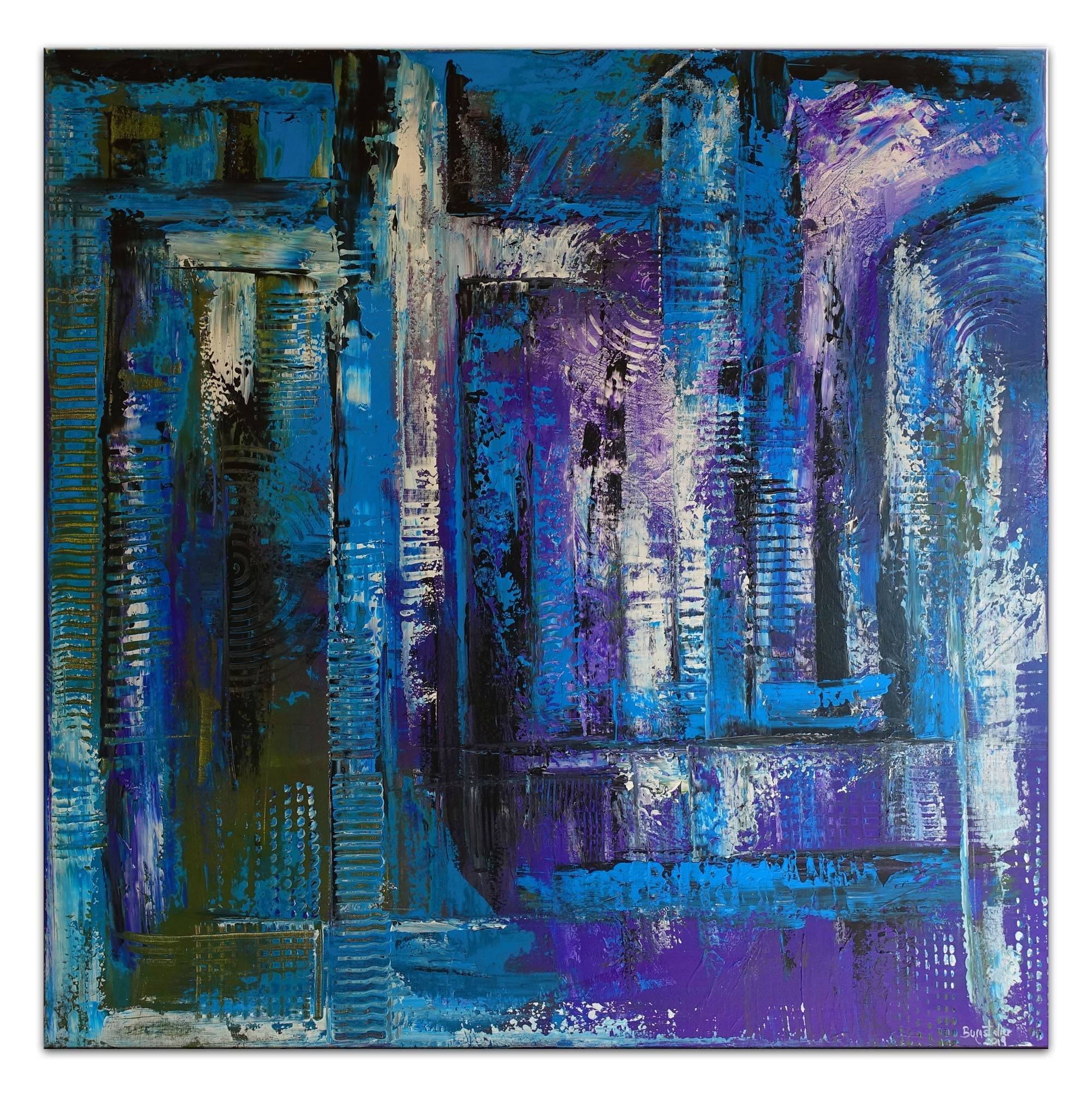 Abstraktes Kreuz blau türkis lila Acrylbild Strukturbild 100x100