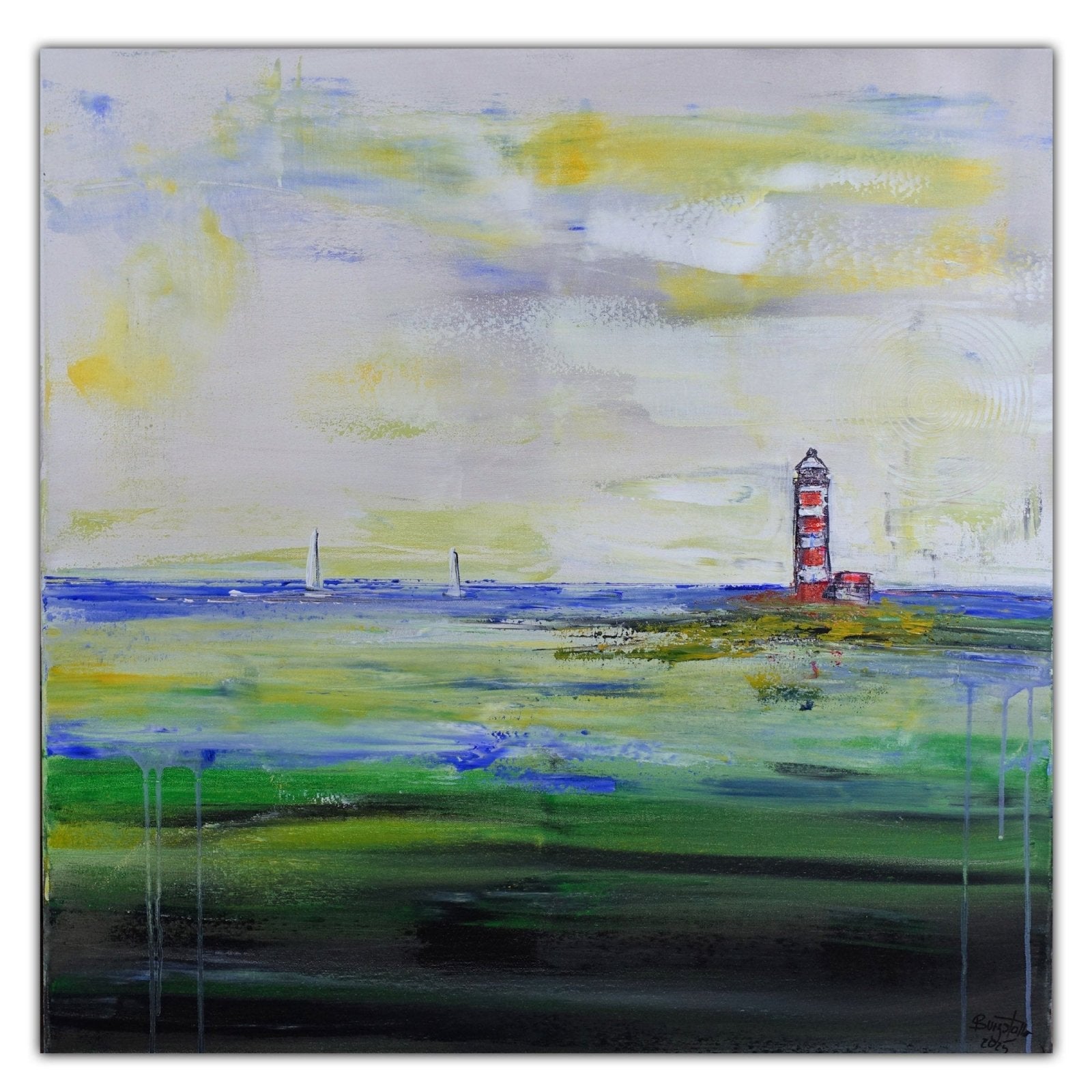 Am Watt - Leuchtturm Gemälde, maritime Malerei & abstraktes Meerbild 80x80
