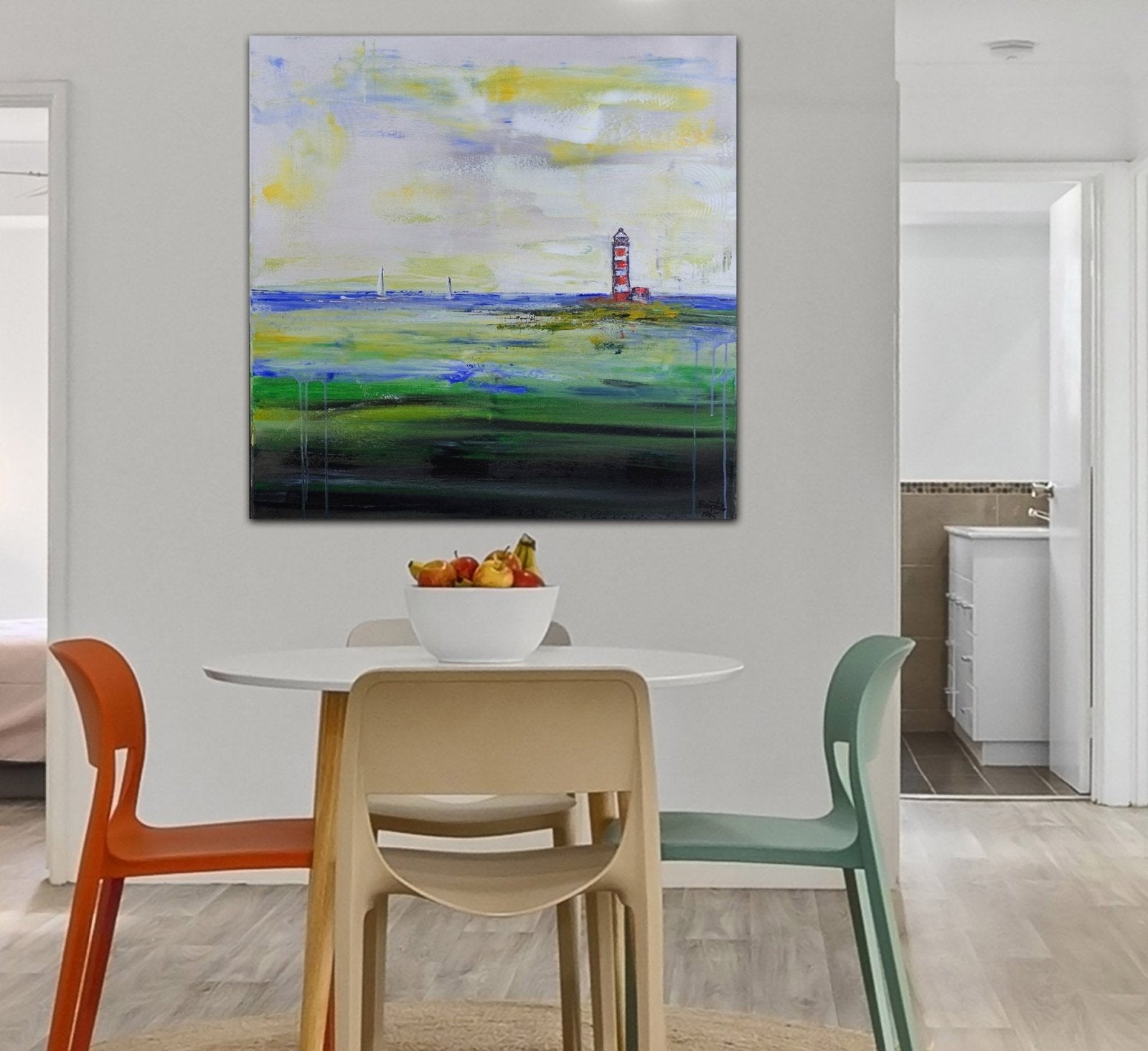 Am Watt - Leuchtturm Gemälde, abstraktes Meerbild 80x80