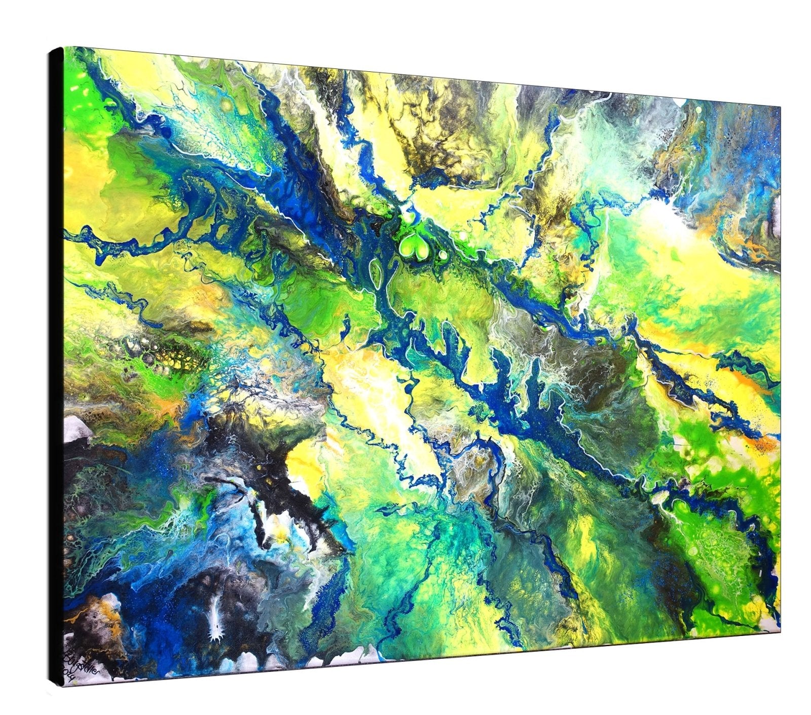 Abstraktes Bild grün blau handgemalt Leinwand