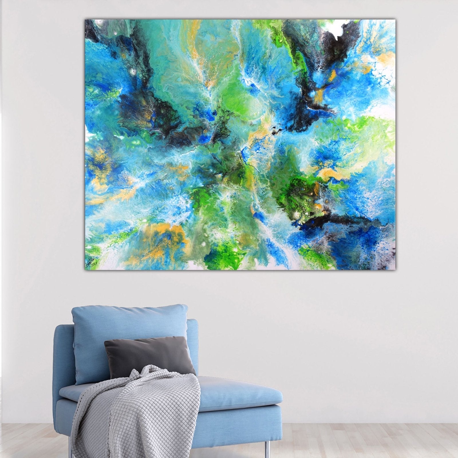 Bahia Blanca - Abstraktes Gemälde grün blau Fluid Art Pouring w1