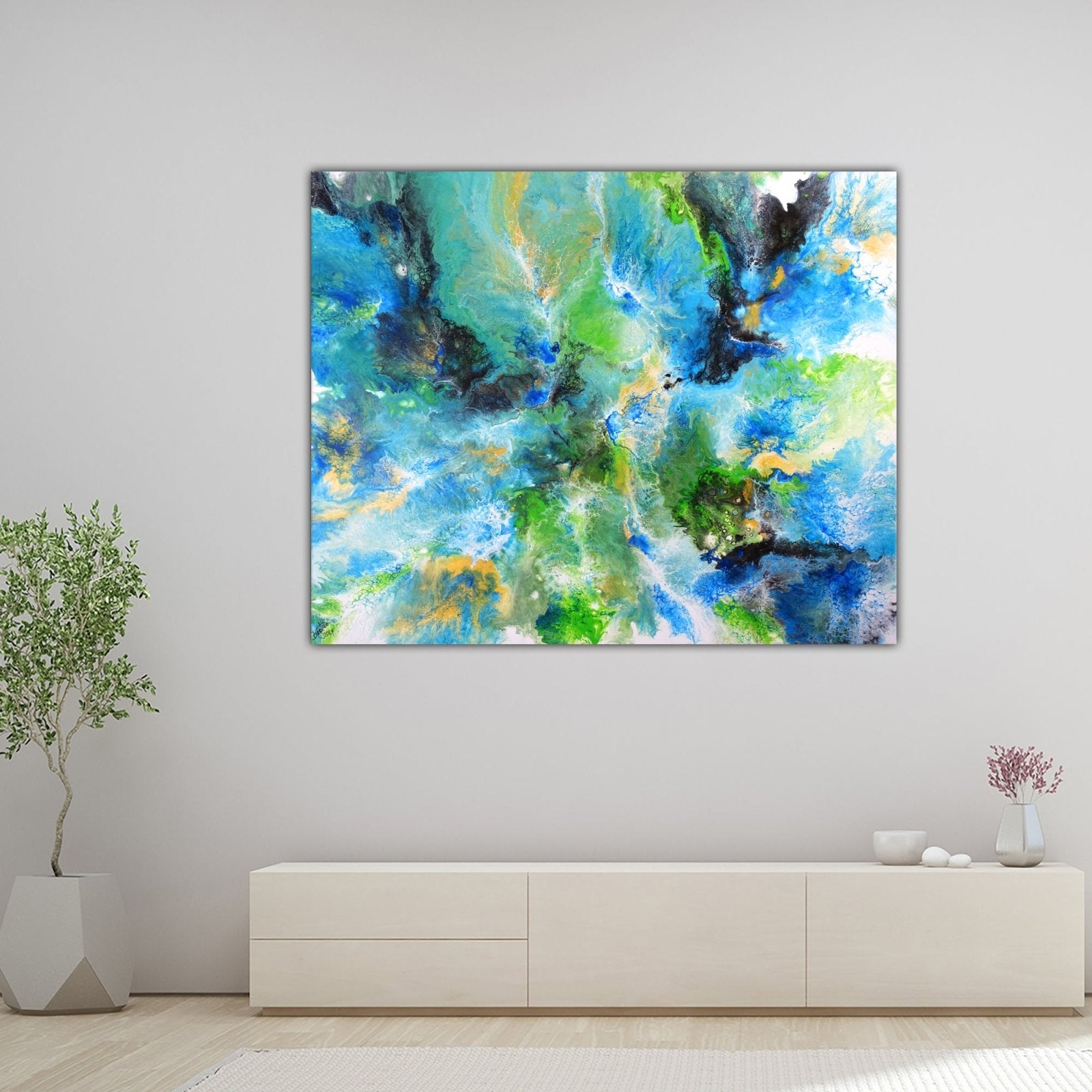 Bahia Blanca - Abstraktes Gemälde grün blau Fluid Art Pouring w2