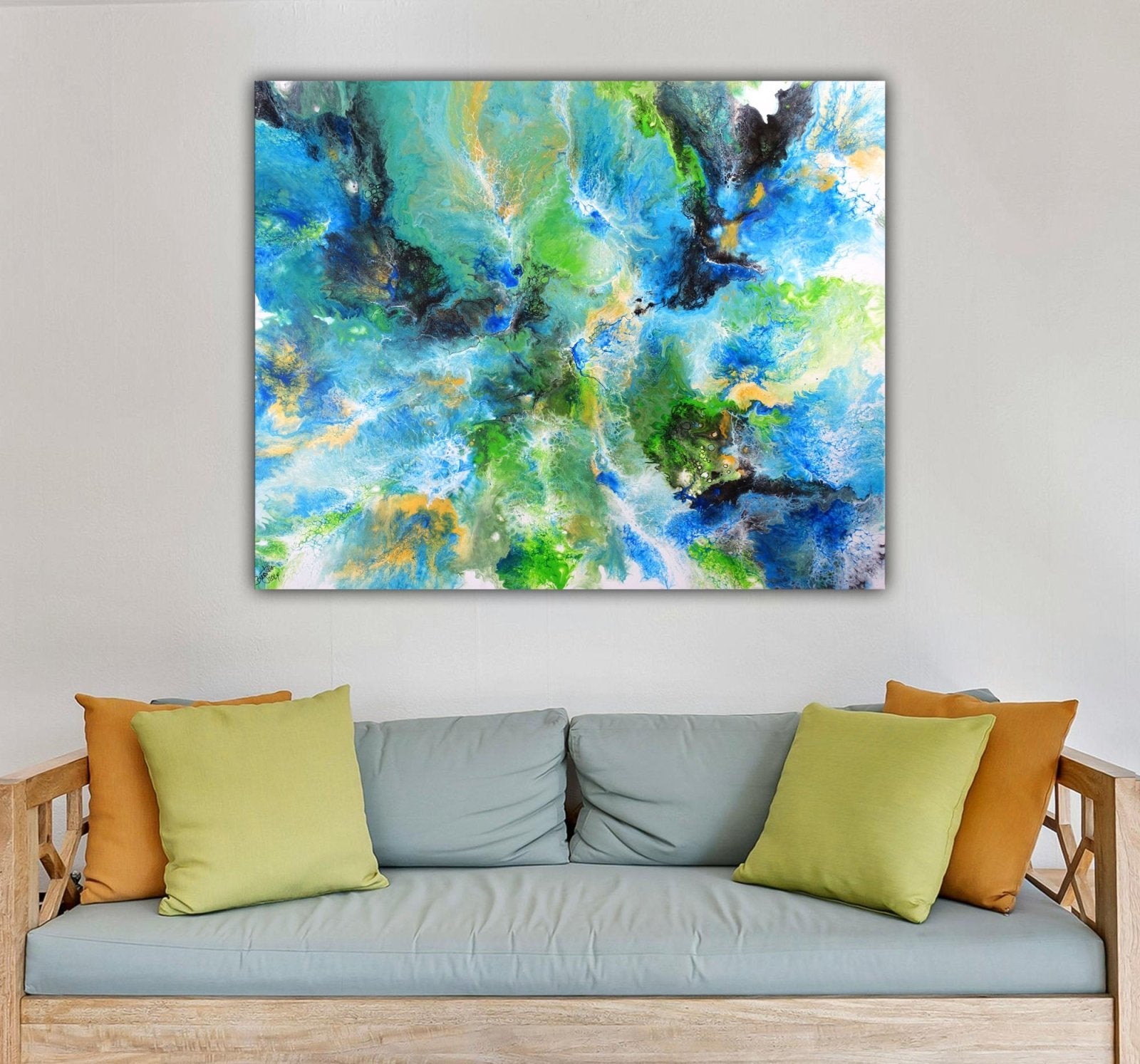 Bahia Blanca - Abstraktes Gemälde grün blau Fluid Art Pouring w3