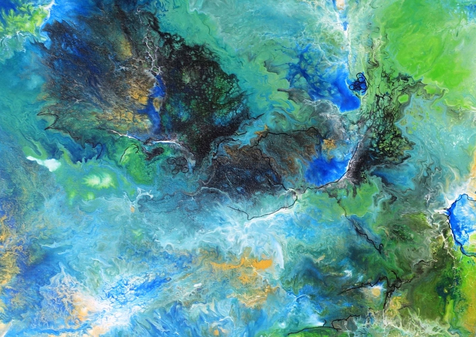 Bahia Blanca - Abstraktes Gemälde grün blau Fluid Art Pouring d1