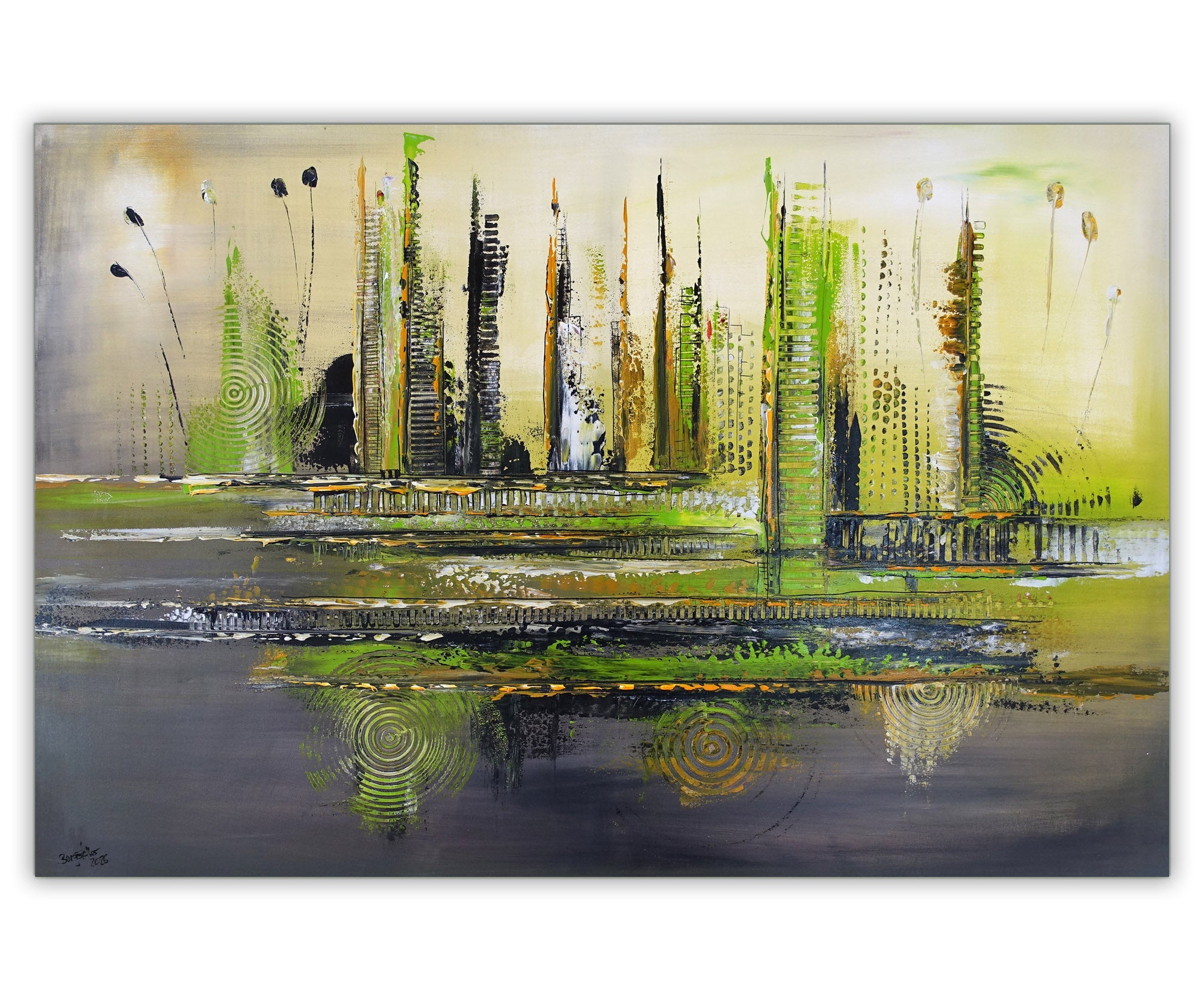 Abstrakte Skyline, modernes Acrylbild grün beige
