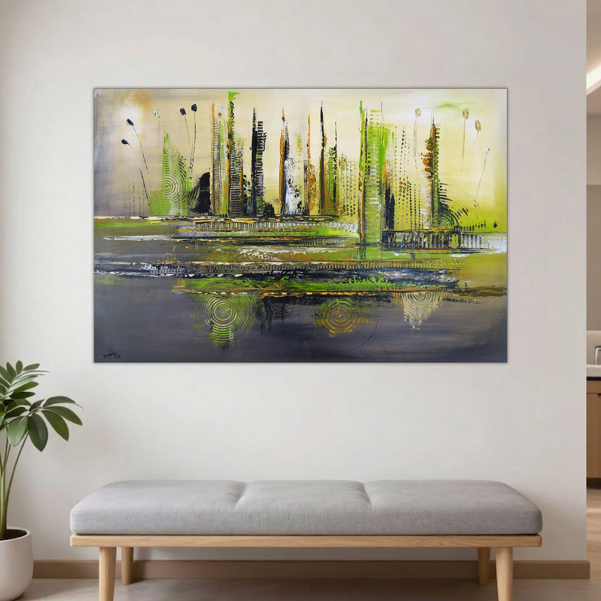 abstrakte Skyline, modernes Acrylbild grün beiges Gemälde