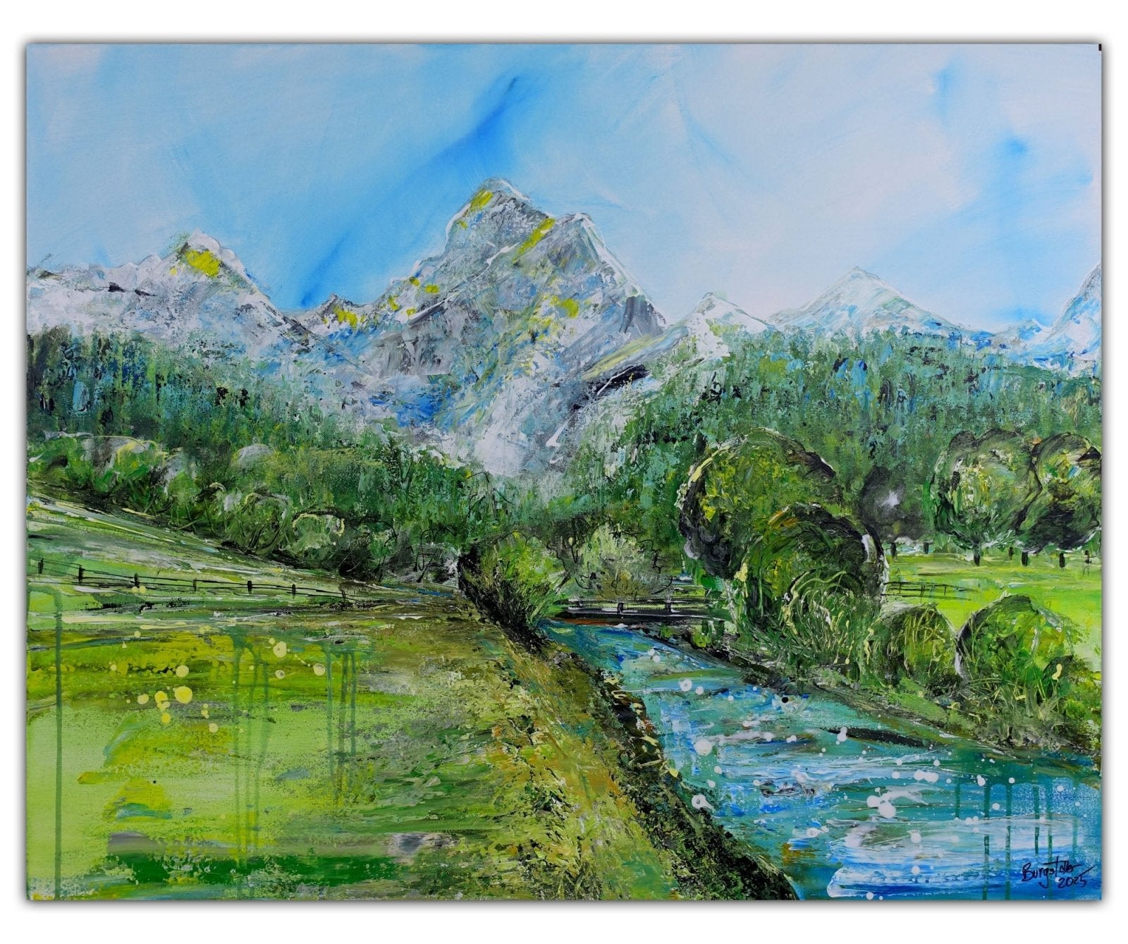 Berge & Fluss Gemälde grün - moderne Landschaftsmalerei - Leinwandbild 100x80