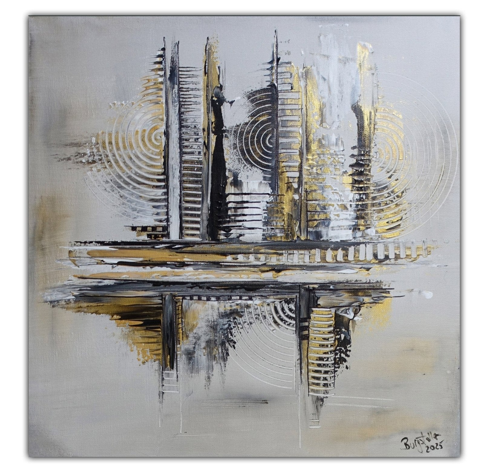 Silberglanz: Bild abstrakt Gold Silber auf Leinwand Acrylbild 40x40