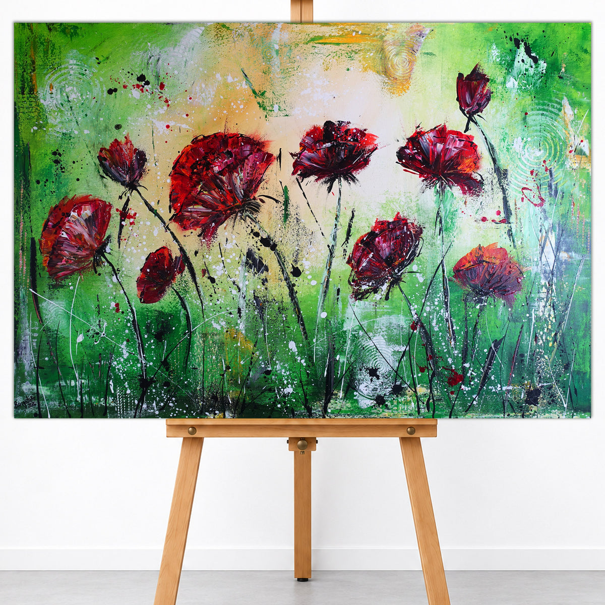 Blütenrausch: abstrakte Acrylmalerei mit Mohnblumen, Blumenbild grün rot