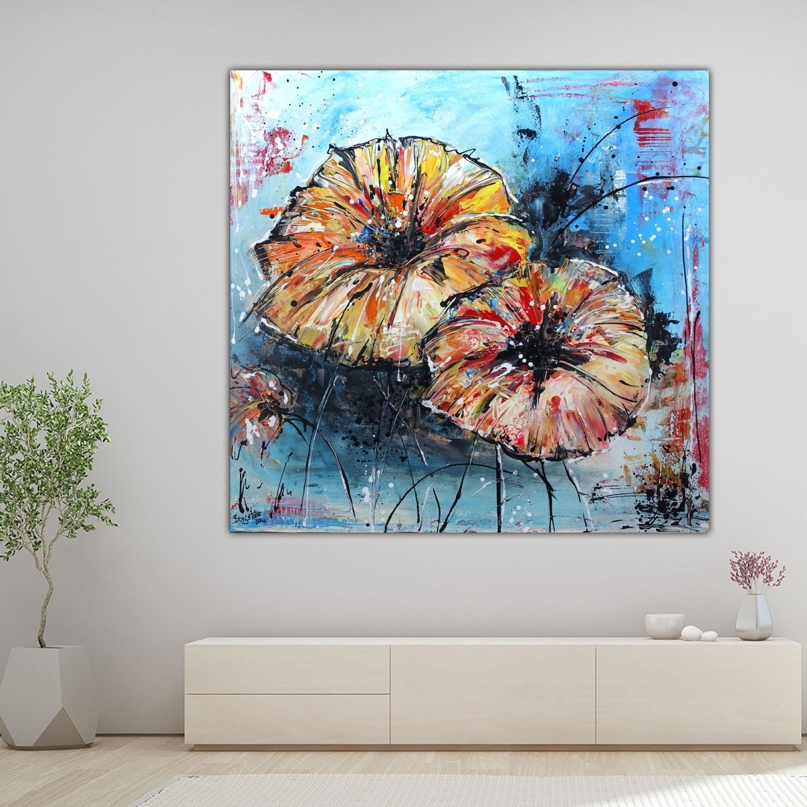 Blumenbild gemalt Blumenmalerei bunt Leinwandbild Blüten