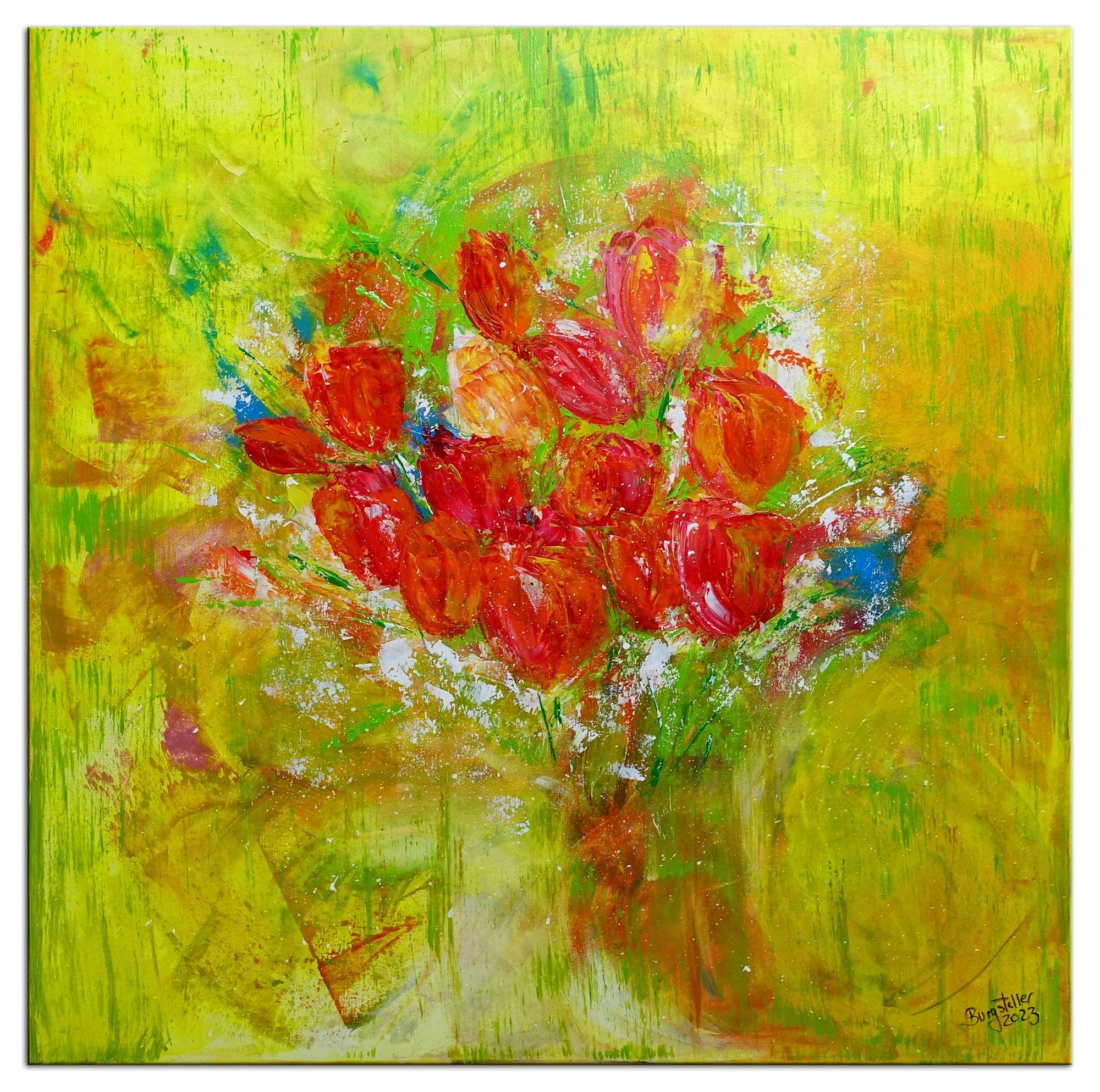 Blumenbild abstrakte Kunst Tulpen handemalt Original Gemaelde Kuenstlerbild 80x80 k