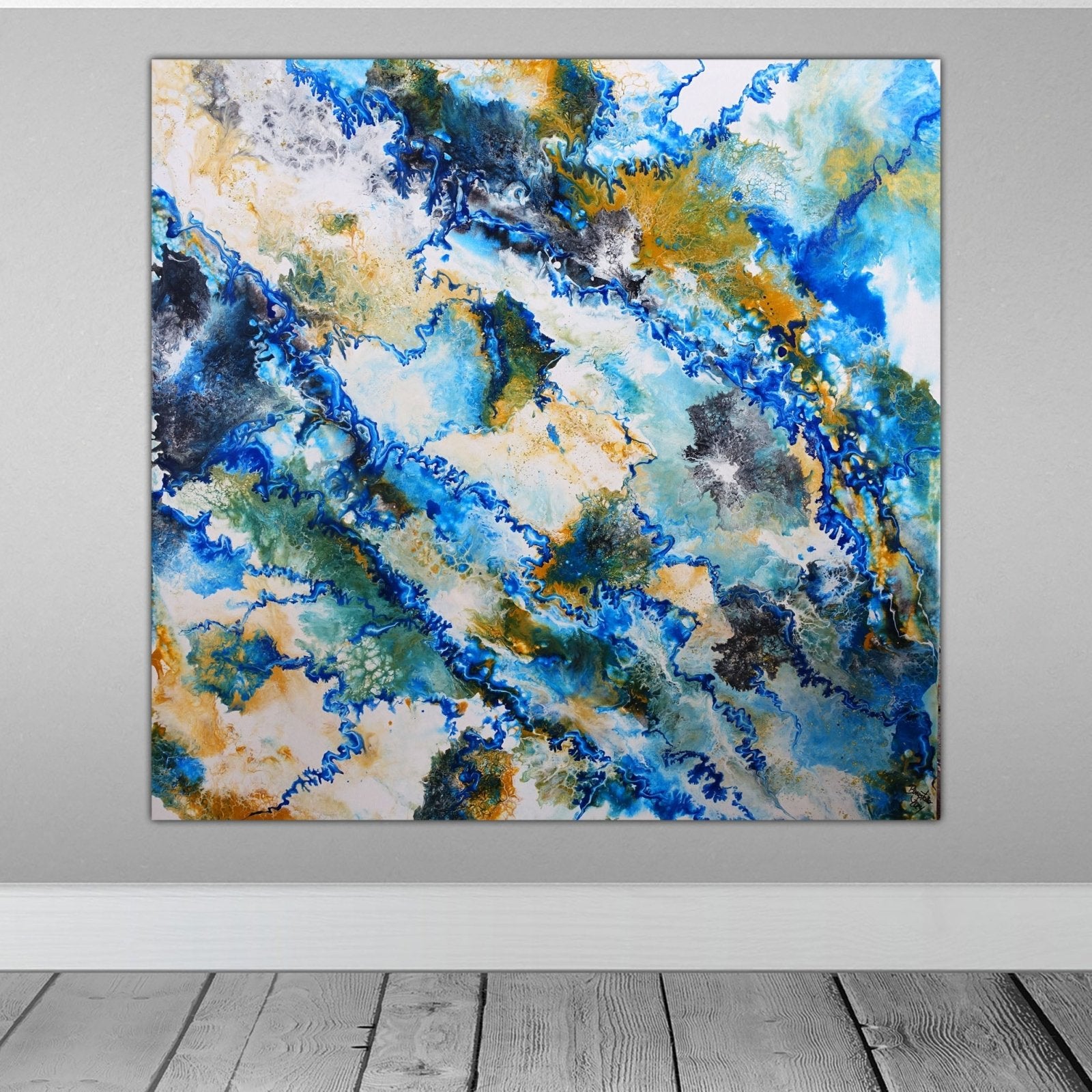 Brahmaputra - abstrakte Kunst Blau Ocker, Original Gemälde