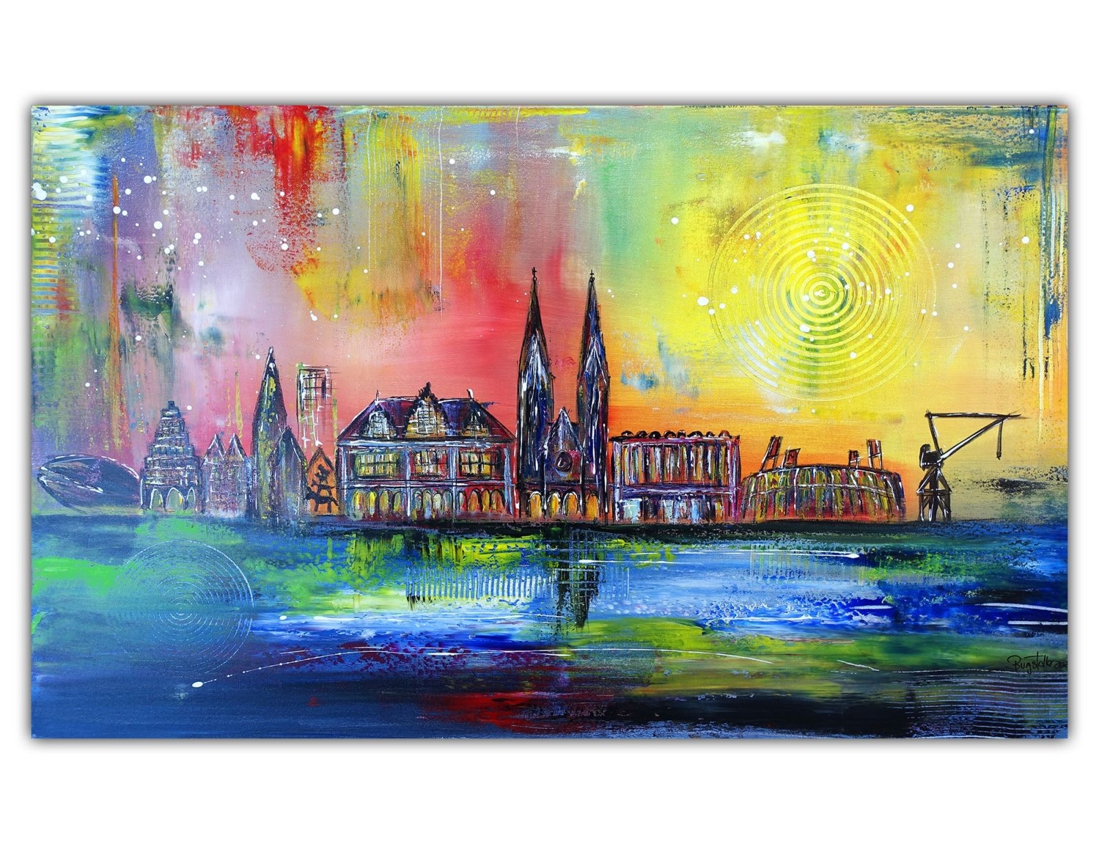 Bremen Kunst Bild mit Bürgerhaus, Weserstadion Gemälde Künstlerbild 116x73