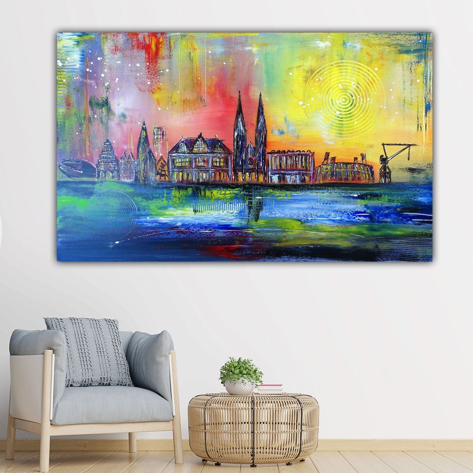 Bremen Kunst Bild mit Bürgerhaus, Weserstadion - Gemälde