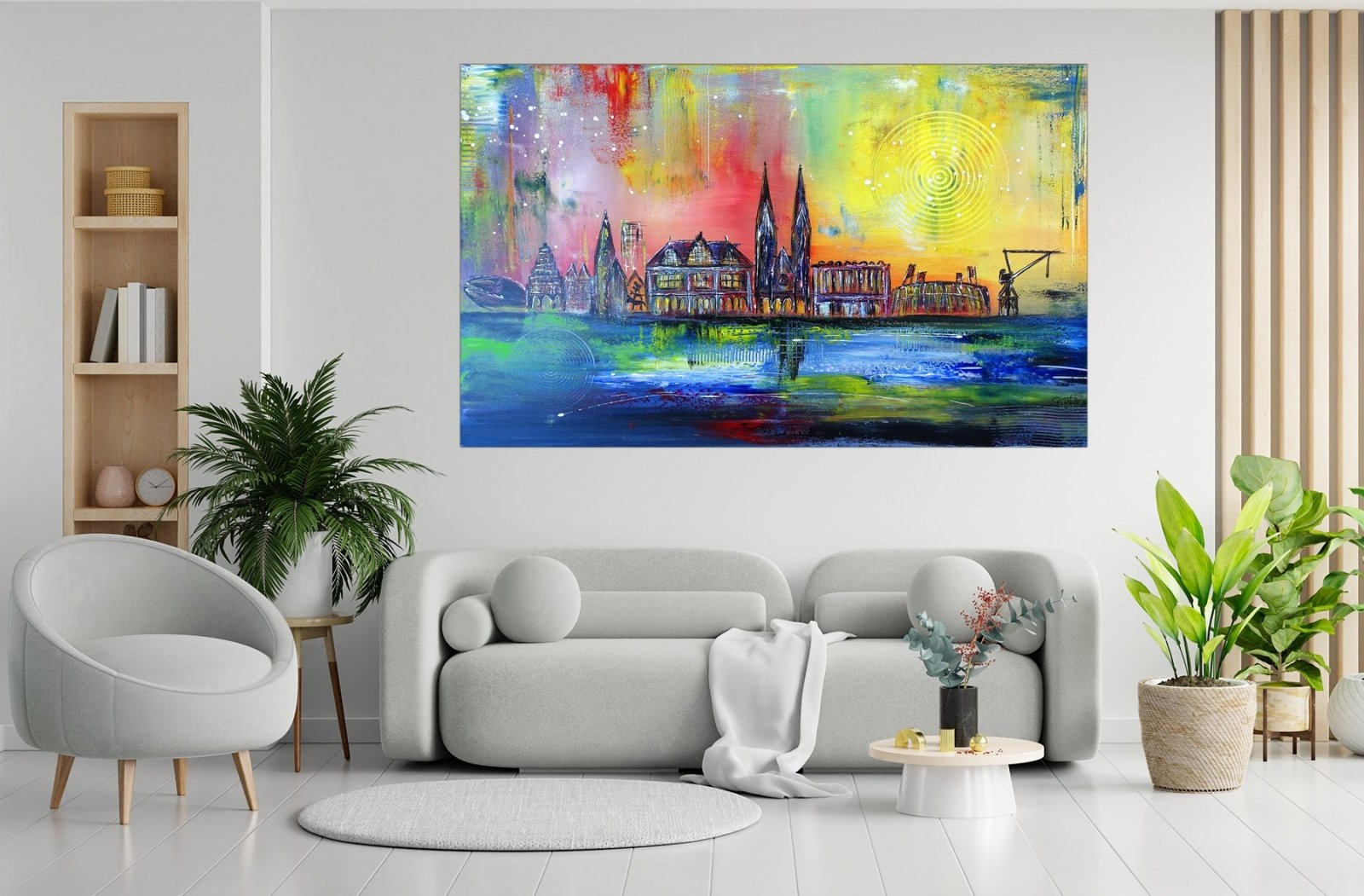 Bremen Kunst Bild mit Bürgerhaus, Weserstadion - Gemälde Künstlerbild w2