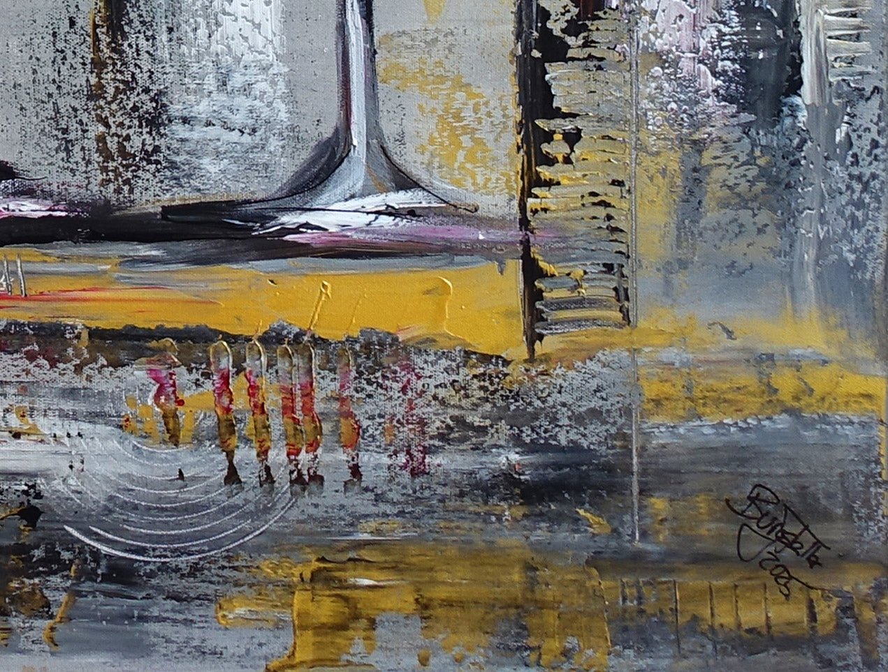 Abstraktes Gemälde mit Weinflasche & Gläser, Kunstwerk modern det3