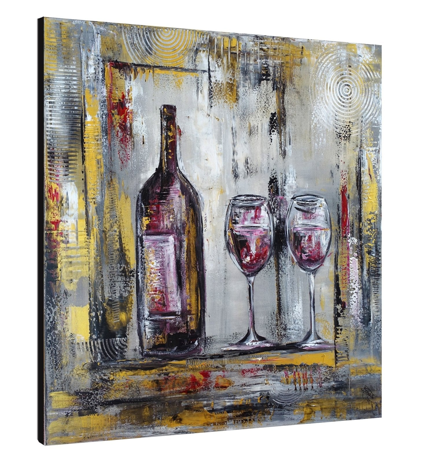 Abstraktes Gemälde mit Weinflasche & Gläser, Kunstwerk modern s