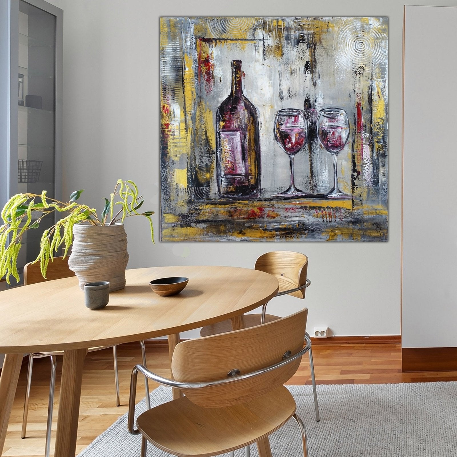 Abstraktes Gemälde mit Weinflasche & Gläser, Kunstwerk modern w