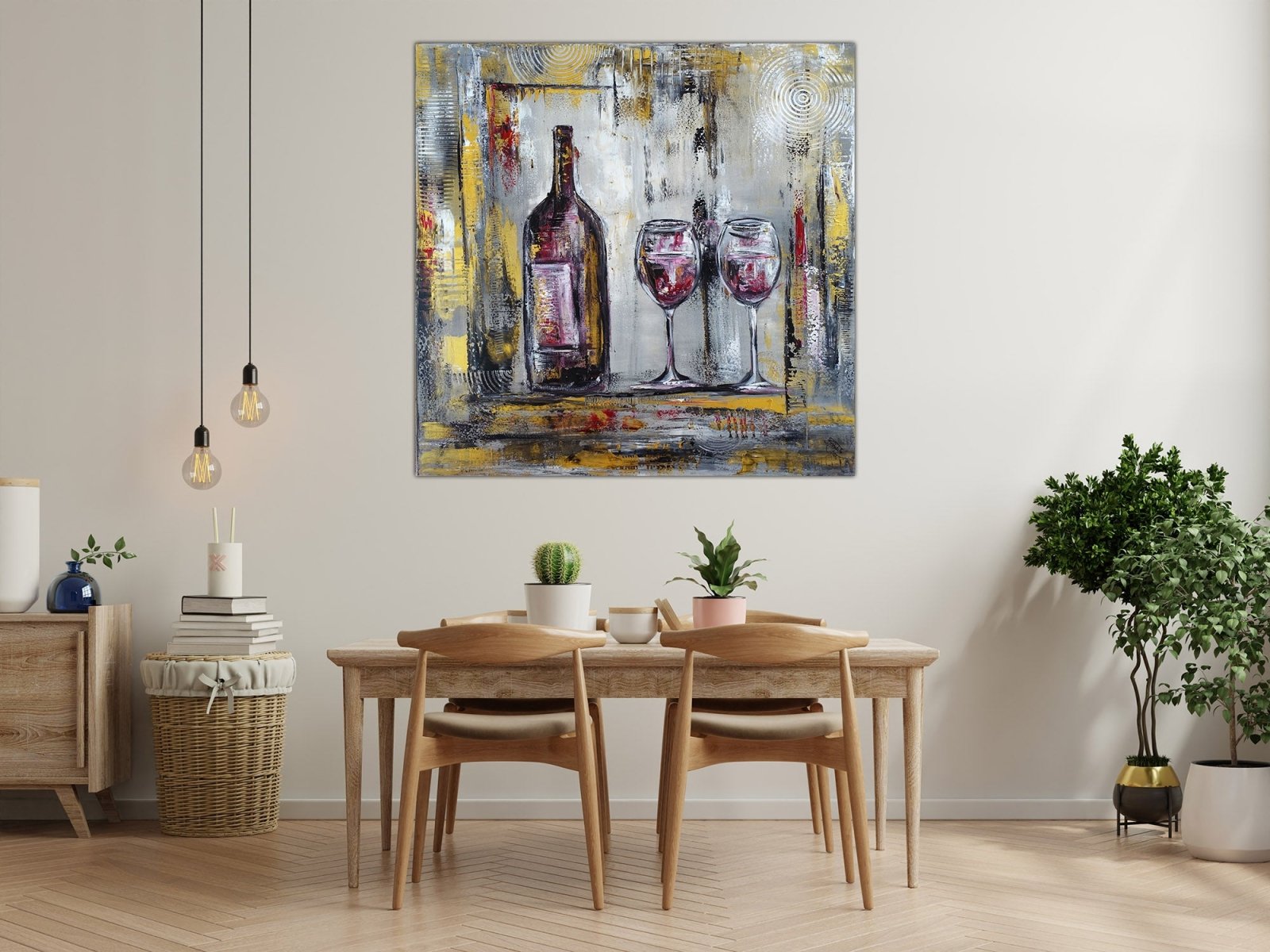 Abstraktes Gemälde mit Weinflasche & Gläser, Kunstwerk modern w2