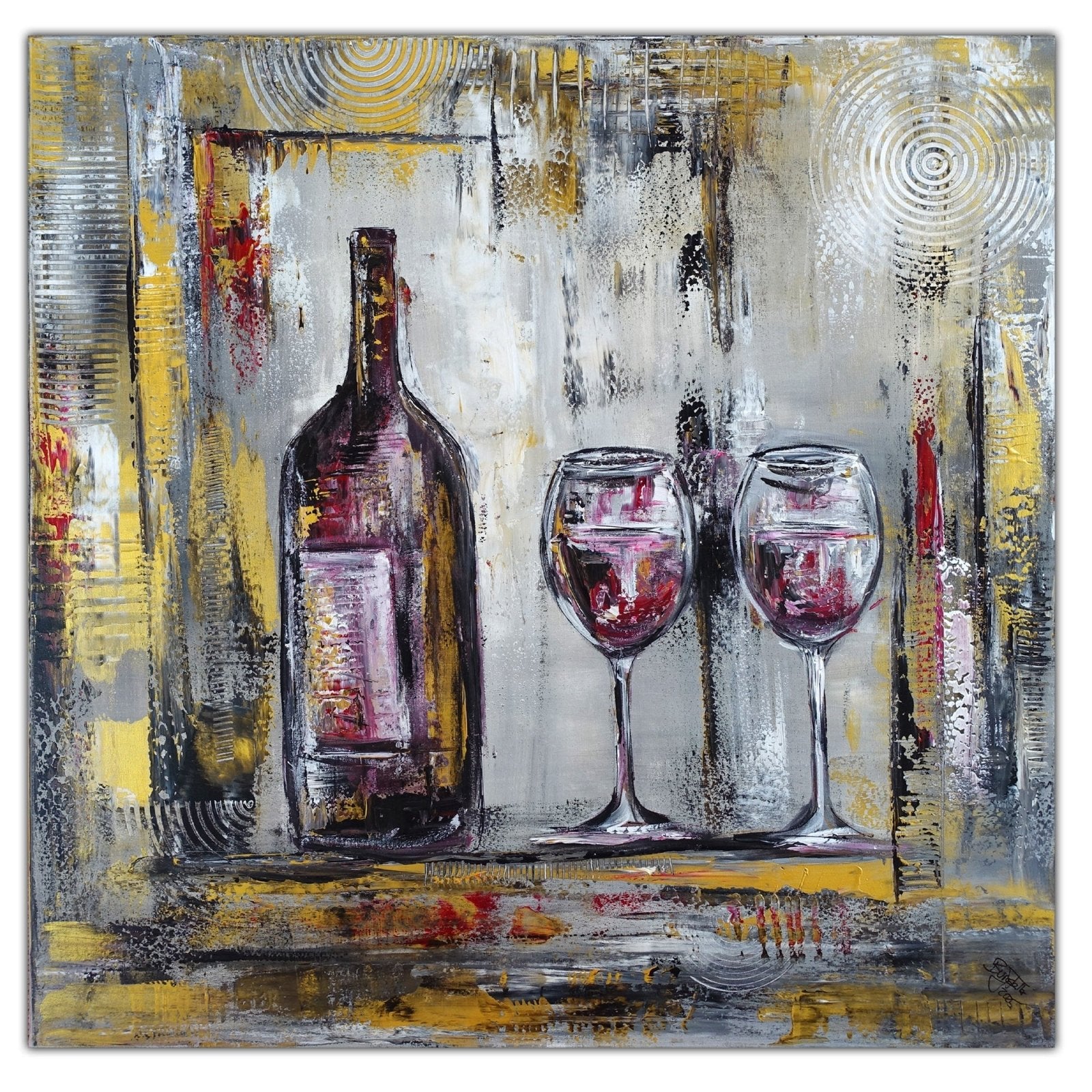 Abstraktes Gemälde mit Weinflasche & Gläser, Kunstwerk modern 100x100