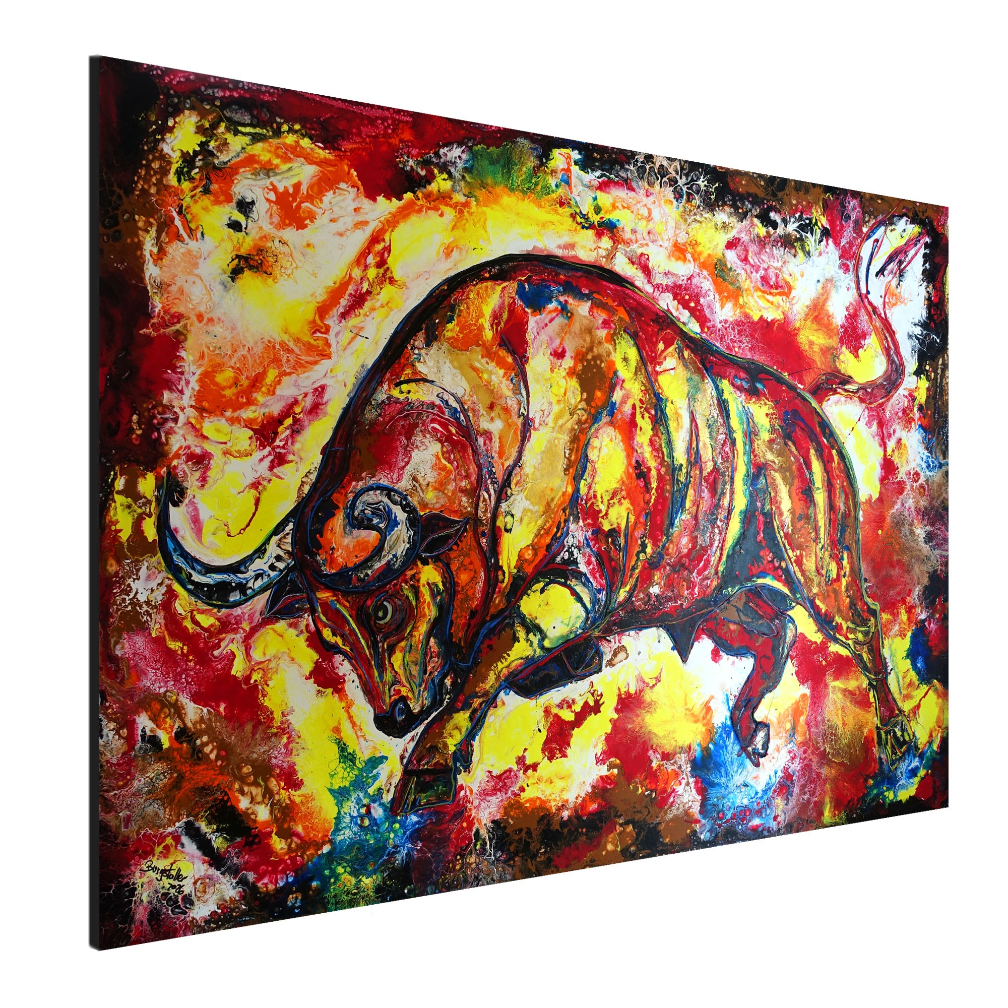 Civilón - Wandbild roter Stier abstrakt, wilder Bulle handgemalt s