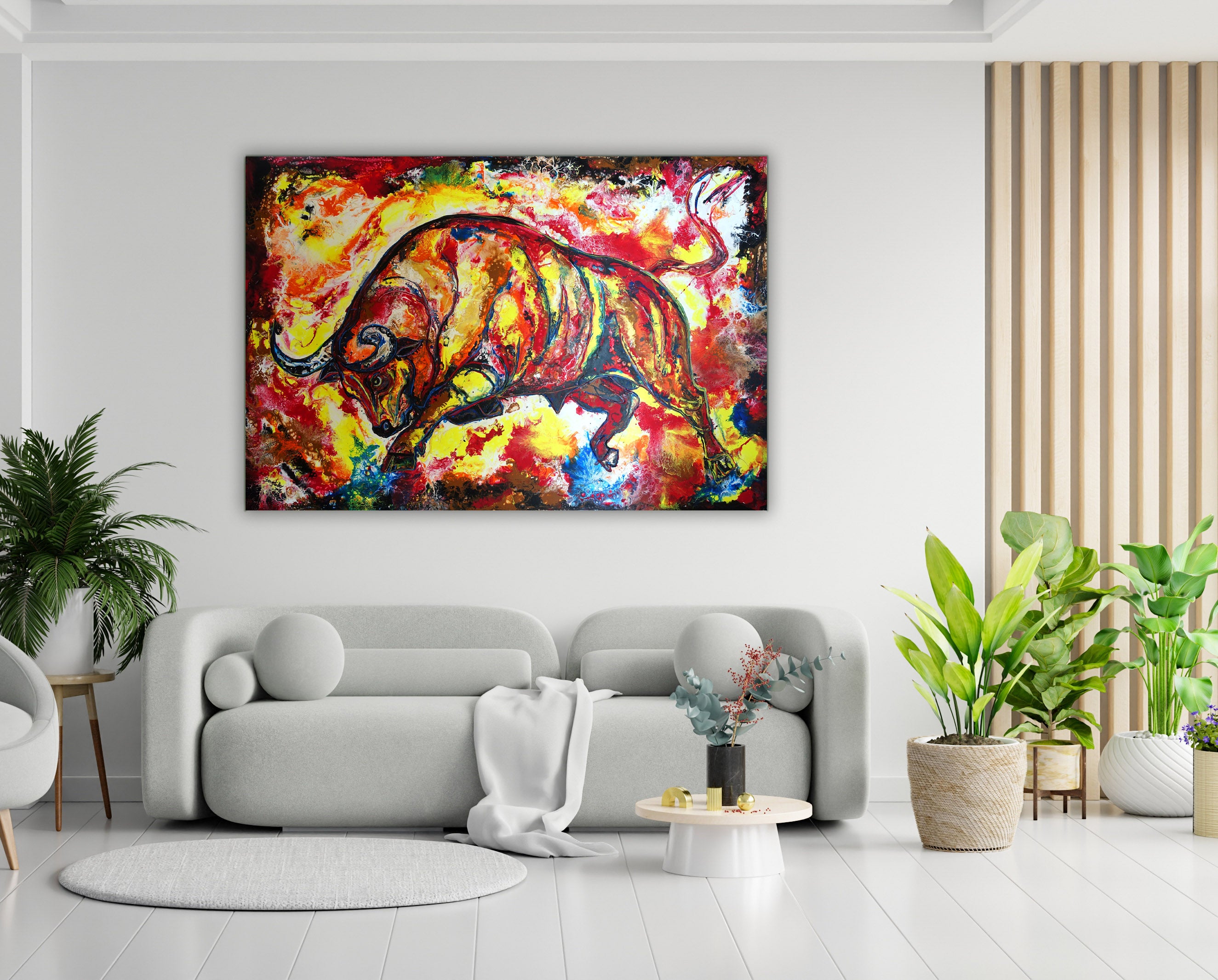 Original GEmälde roter Stier abstrakt, wilder Bulle handgemalt