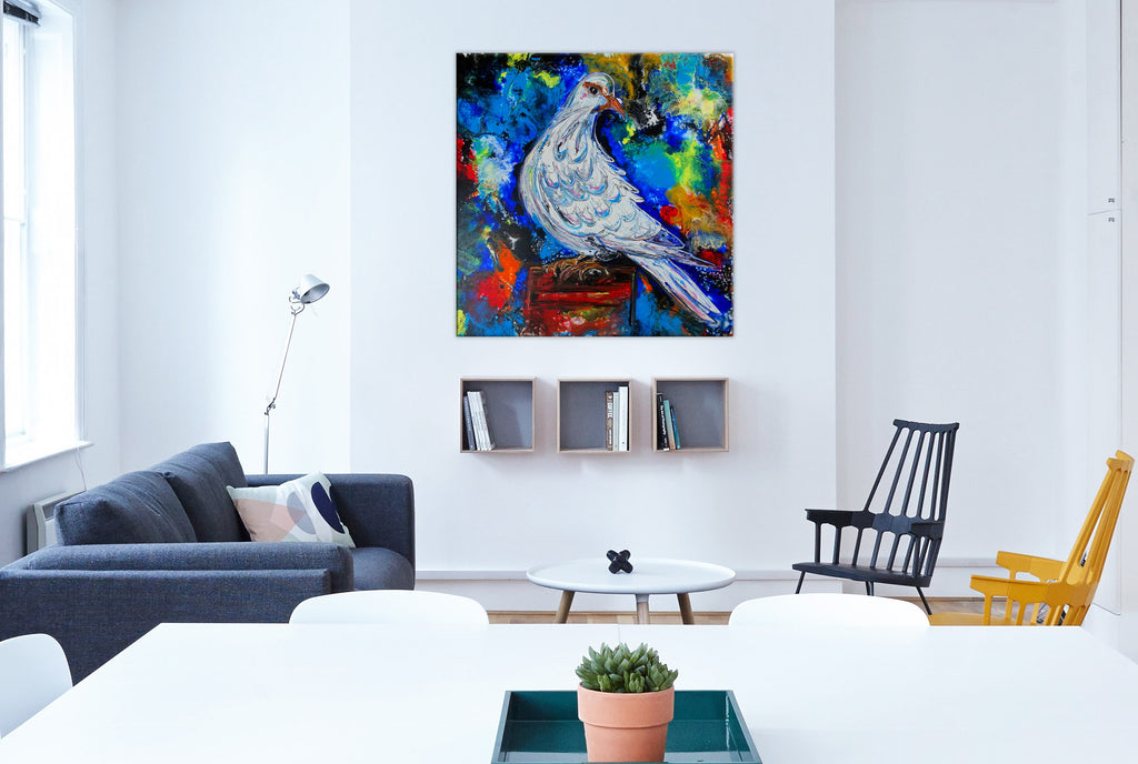 Friedenstaube gemalt Acryl Leinwand abstrakt blau