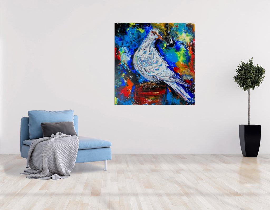 Friedenstaube gemalt Acryl Leinwand abstrakt blau bunt Gemälde