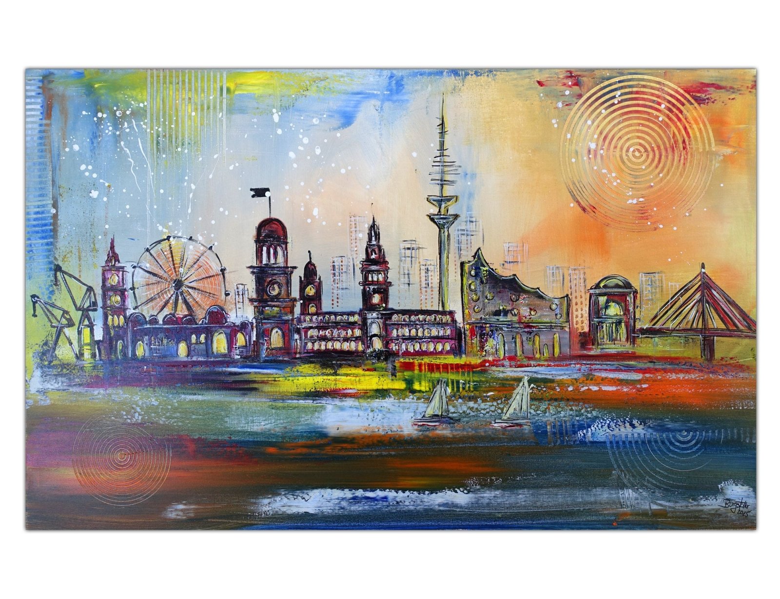 Hamburg Kunst Malerei Bild Gemälde Acrylbild mit Elbphi, Hafen, Rathaus