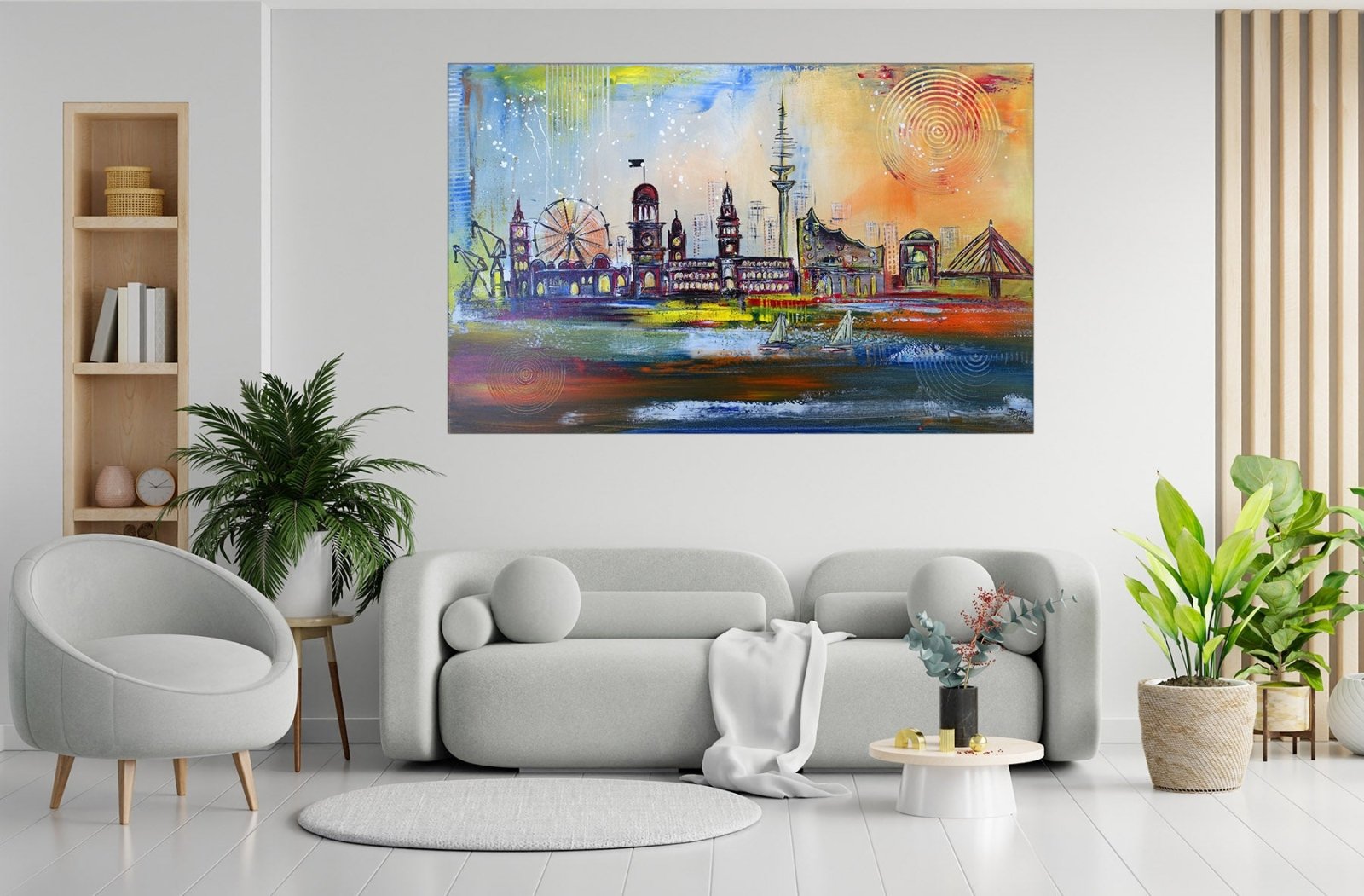 Hamburg Kunst Bild Gemälde Acrylbild mit Elbphi, Hafen, Rathaus