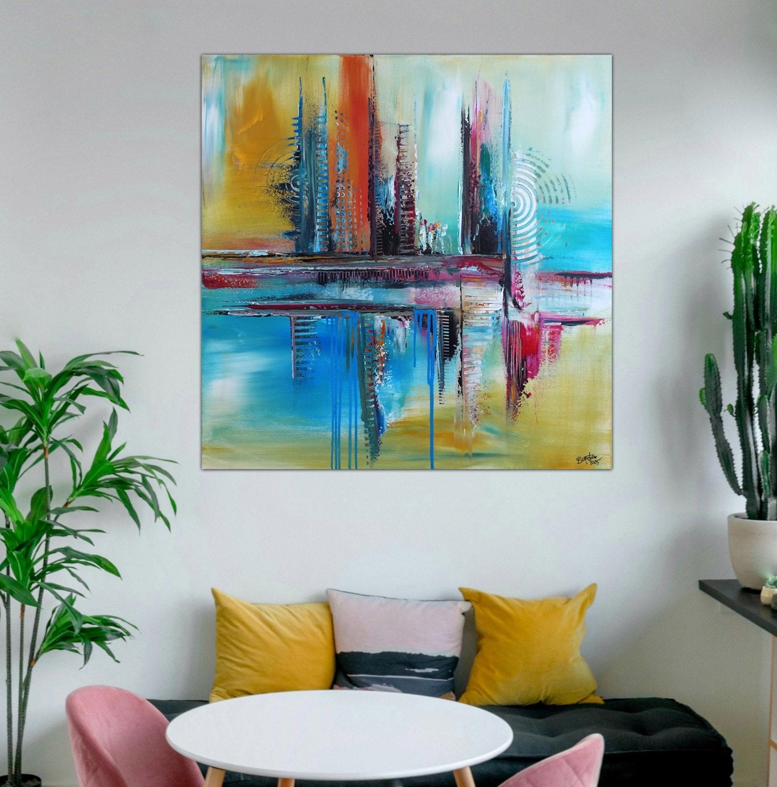 Abstraktes Gemälde auf Leinwand blau beige modern