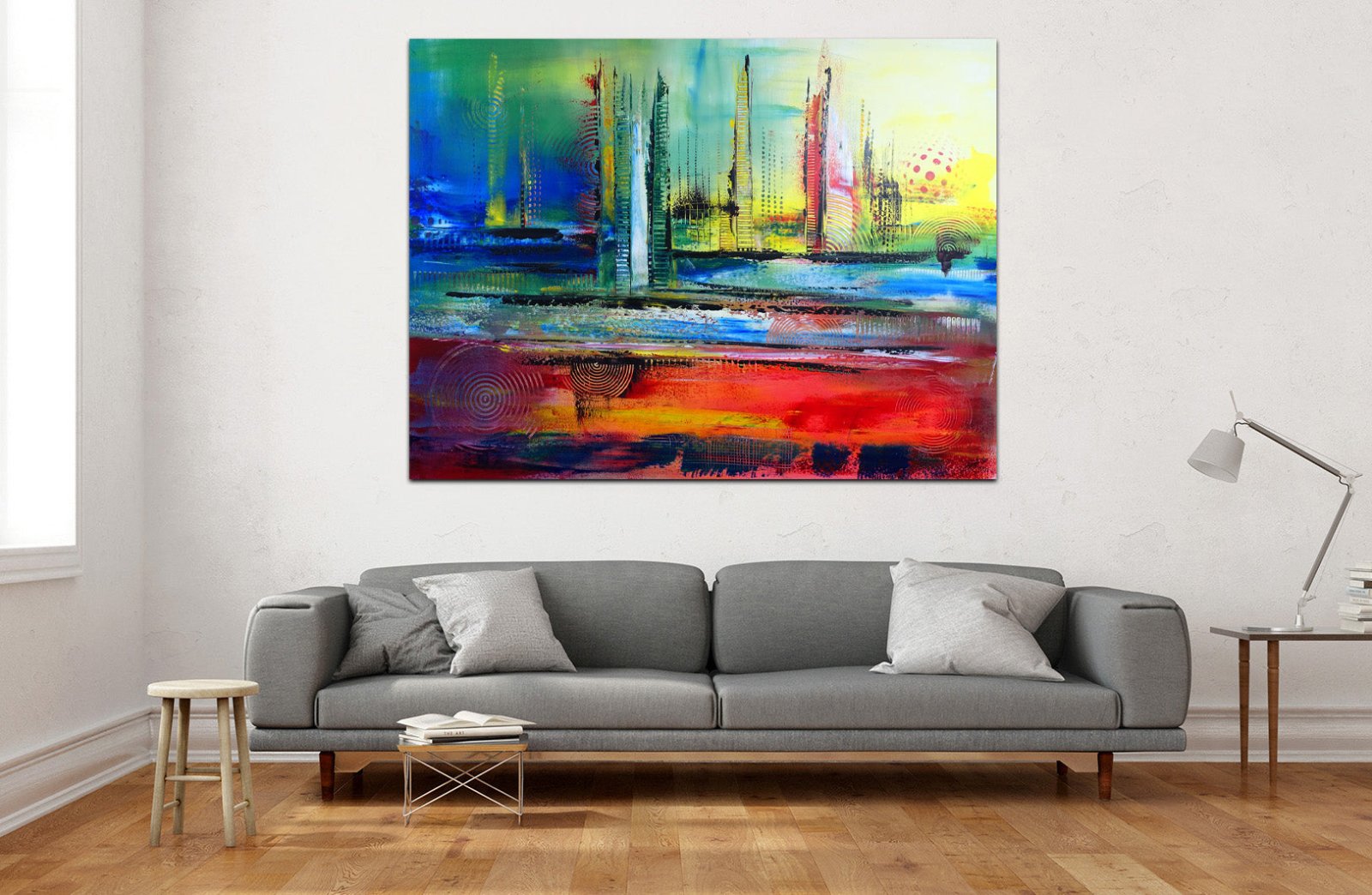 Abstraktes Bild handgemalt blau rot gelb