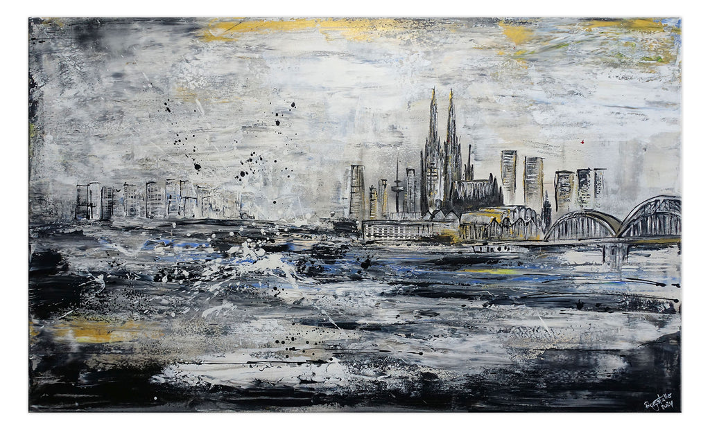 Köln Bild abstrakt gemalt auf Leinwand grau schwarz 145x100