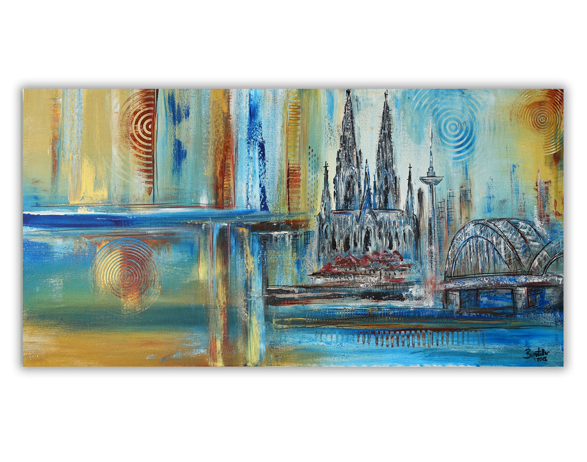 Abstraktes Stadtbild Köln mit Dom und Hohenzollernbrücke handgemalt