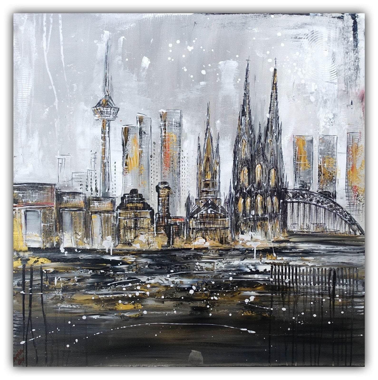 Kölner Dom Gemälde mit Skyline & Kranhäuser, abstraktes Bild Leinwand