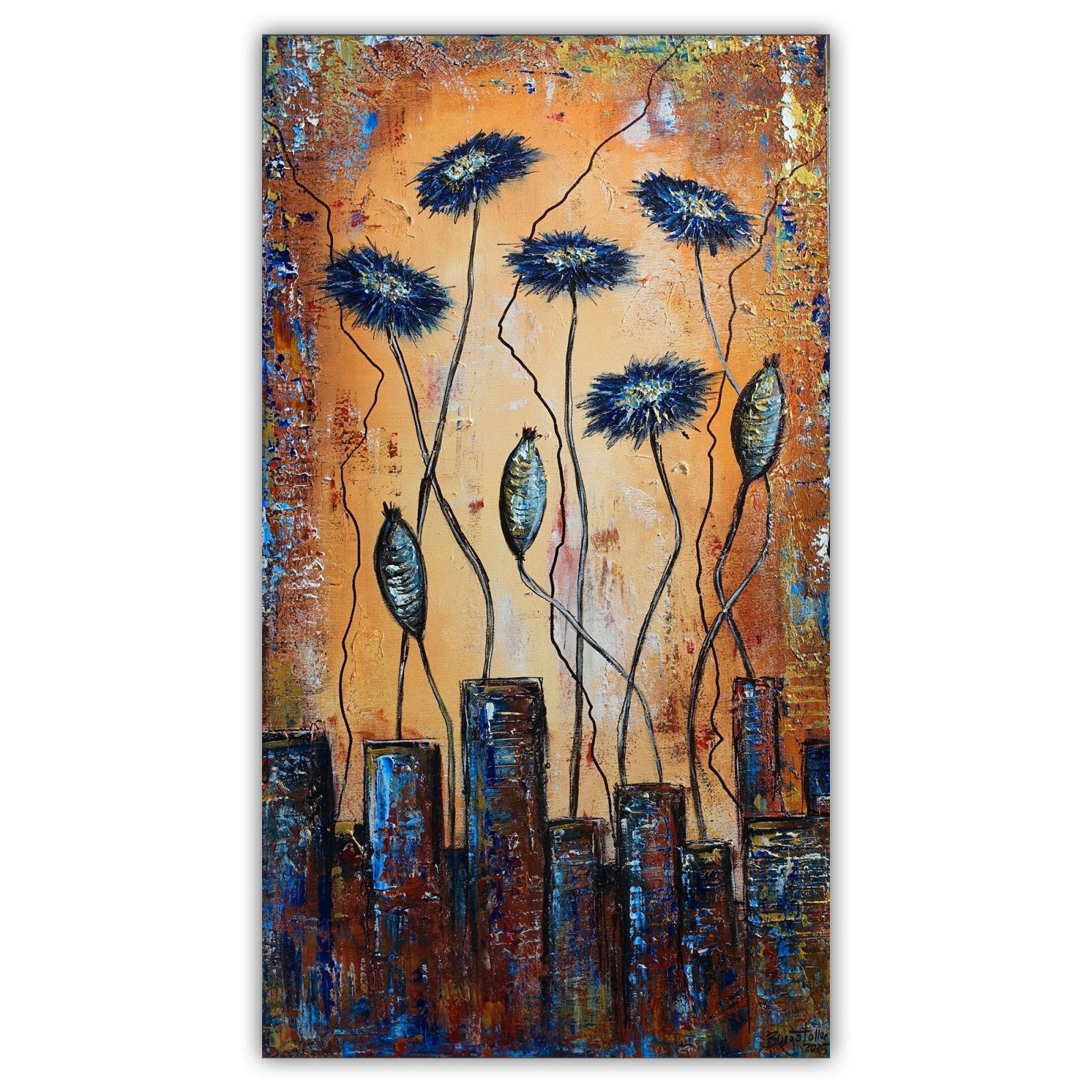 Kornblumen Blumenbild gemalt Blumengemälde moderne Kunst floral blau gold