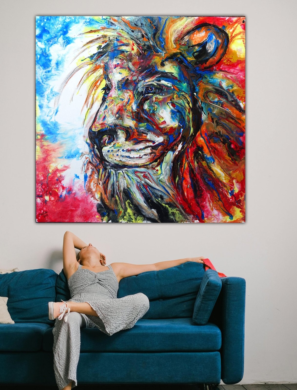 Lion King - Löwenbild gemalt, bunter Löwenkopf