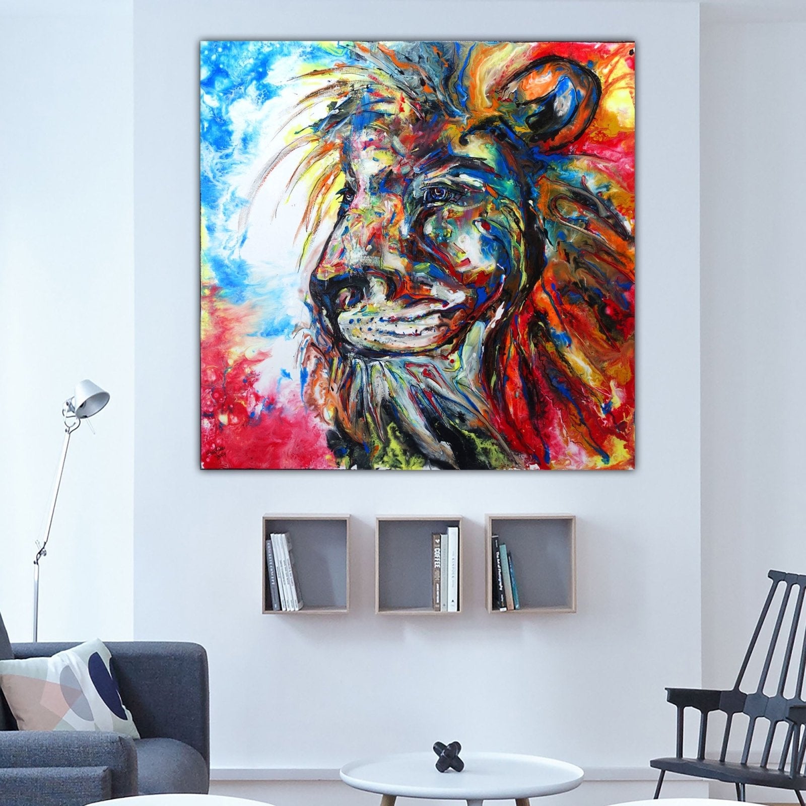 Löwenbild gemalt abstrakt Leinwandbild bunt