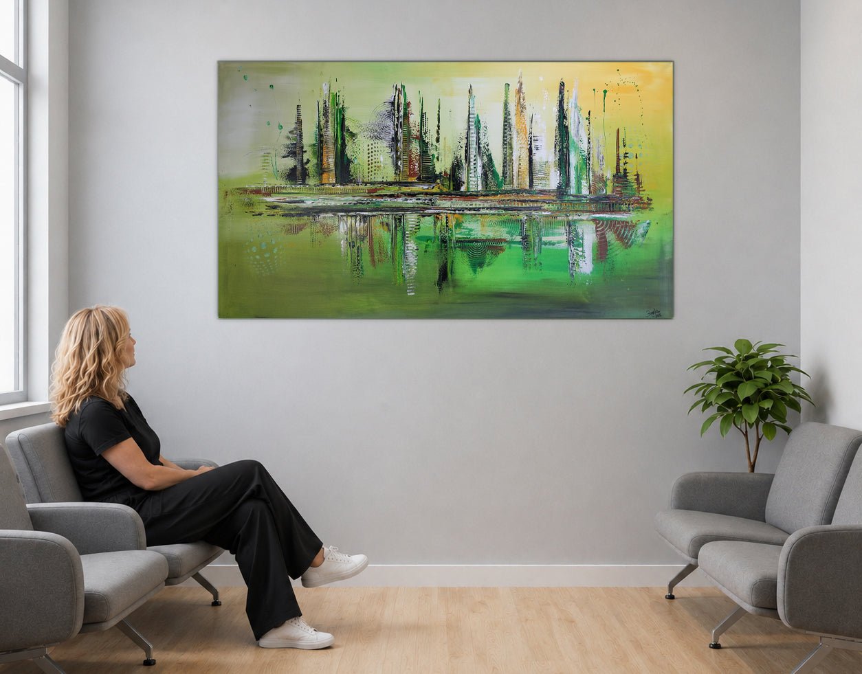 Ljubljana: abstraktes Skylinebild grün gelb, modernes Kunstbild