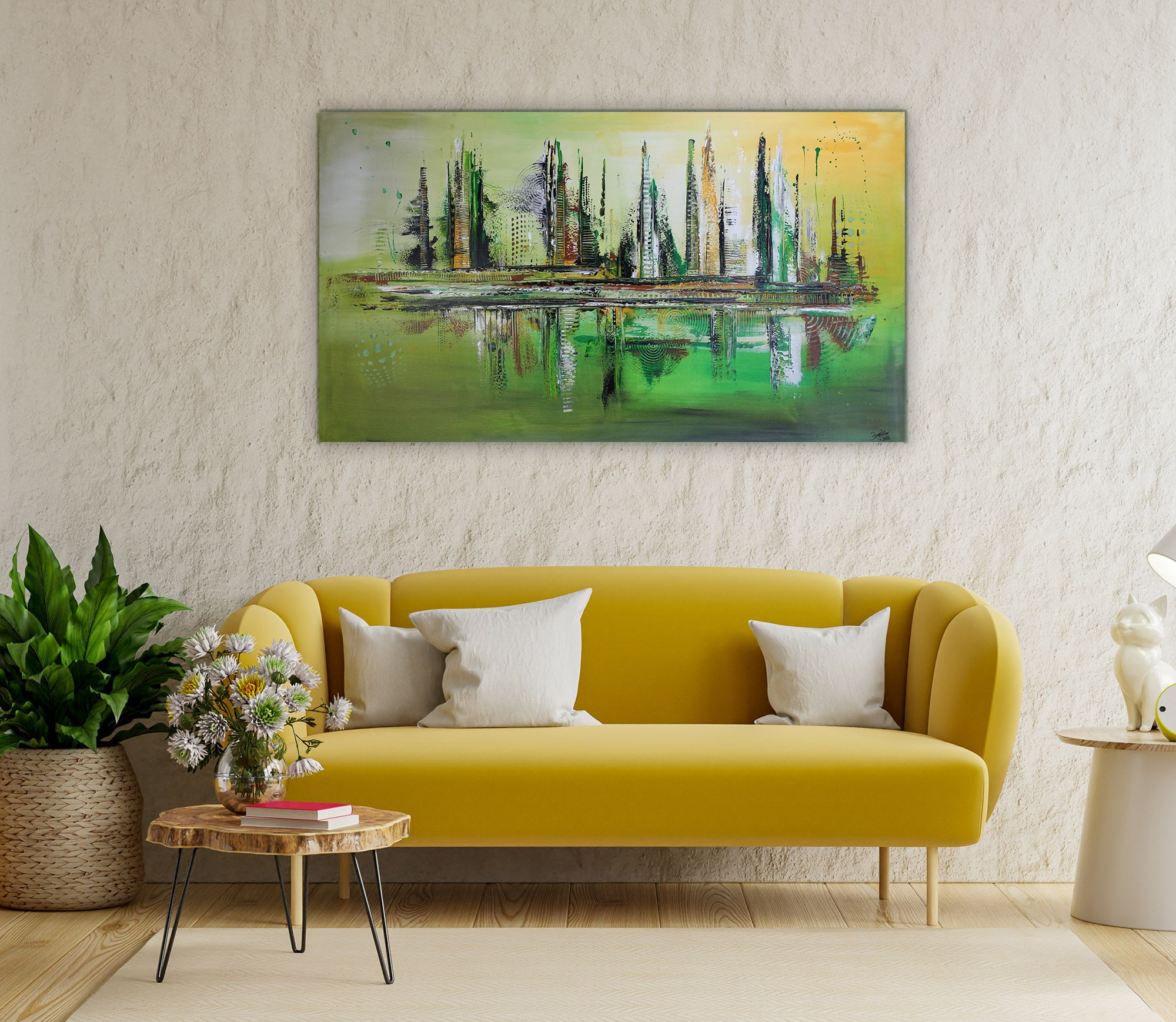 Abstraktes Skylinebild grün gelb, Kunstbild 140x80