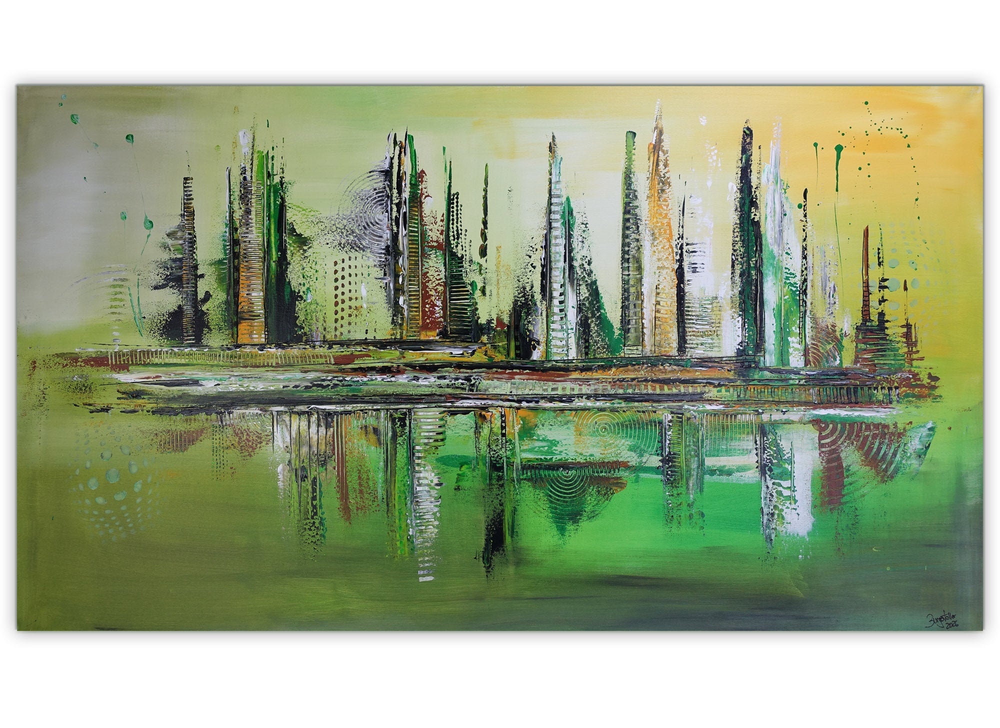 Ljubljana: abstraktes Skylinebild grün gelb, modernes Kunstbild 140x80