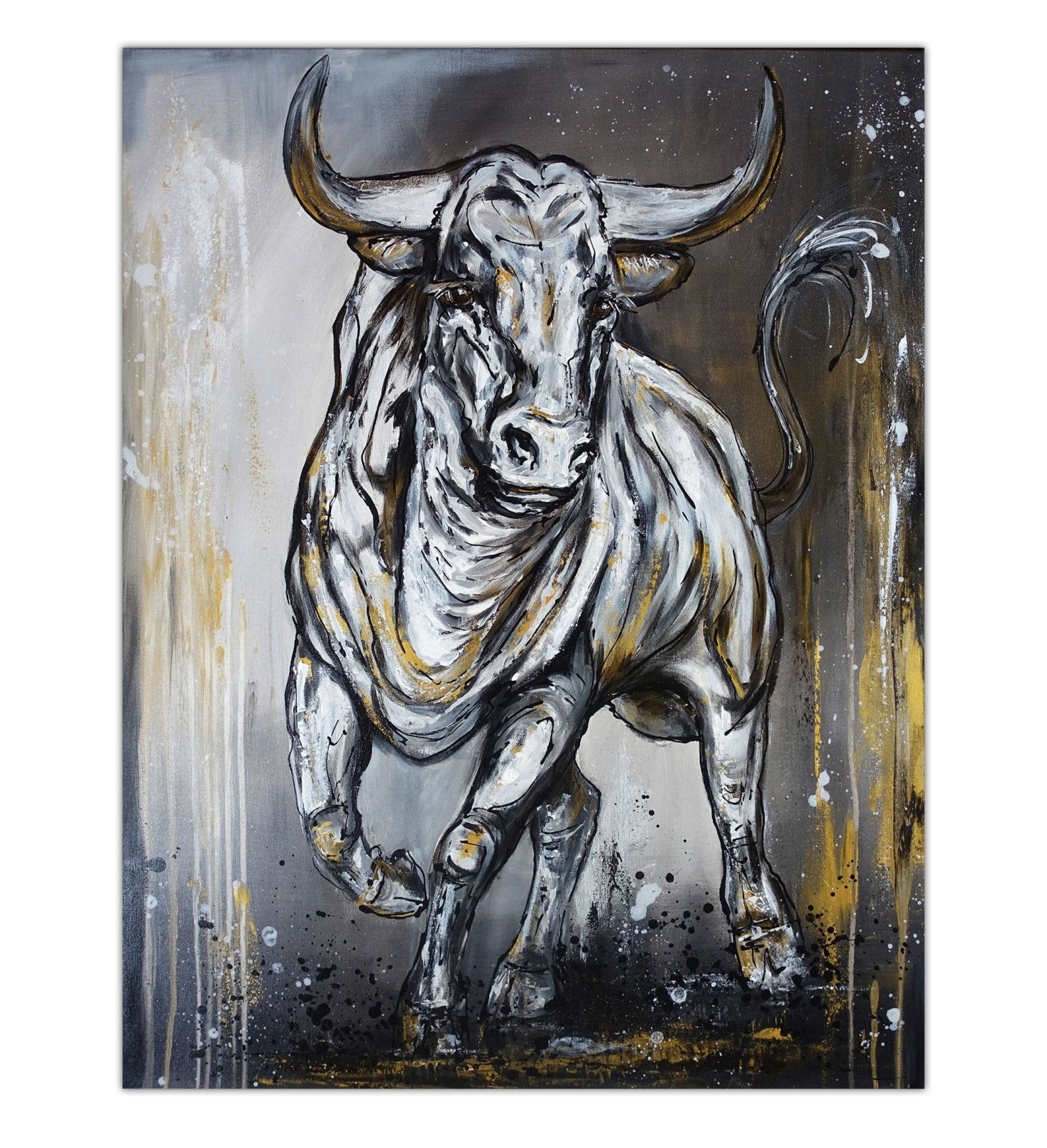Luis I. abstraktes Stierbild Leinwandbild grau gold Stier Gemälde