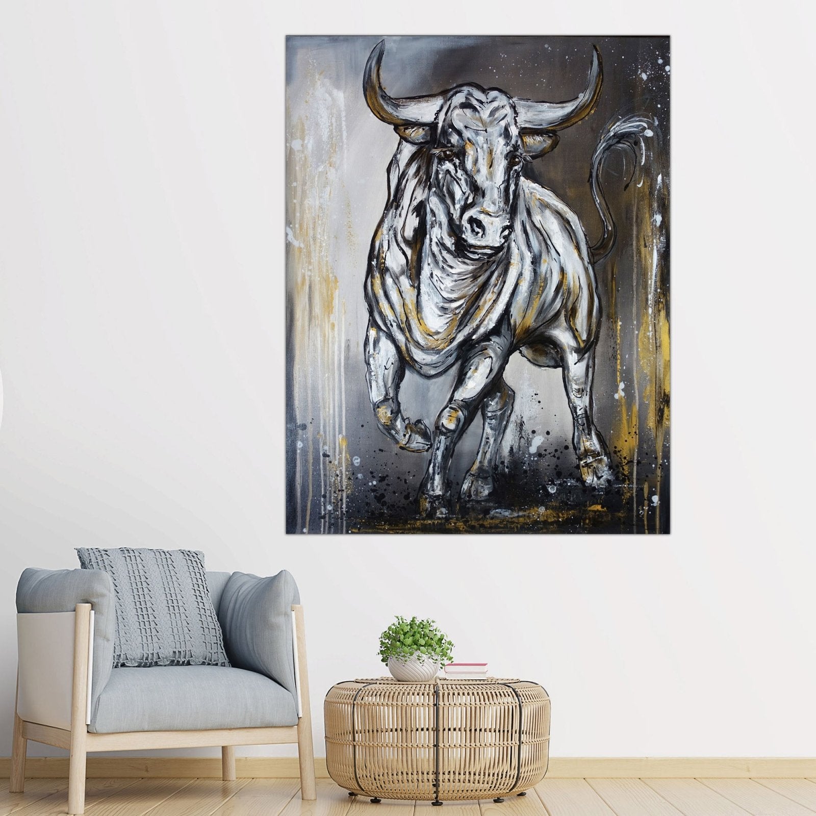 Luis I. abstraktes grau goldenes Stier Gemälde