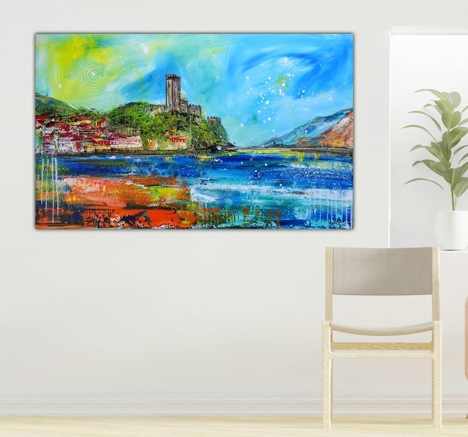 Gardasee Gemälde Malcesine Berge See Strand abstrakt Landschaftsmalerei