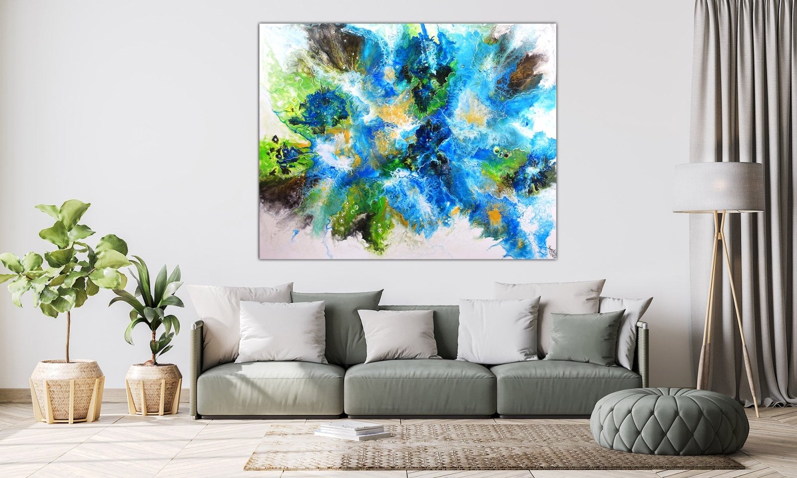 Abstraktes Leinwandbild blau grün Original Gemälde